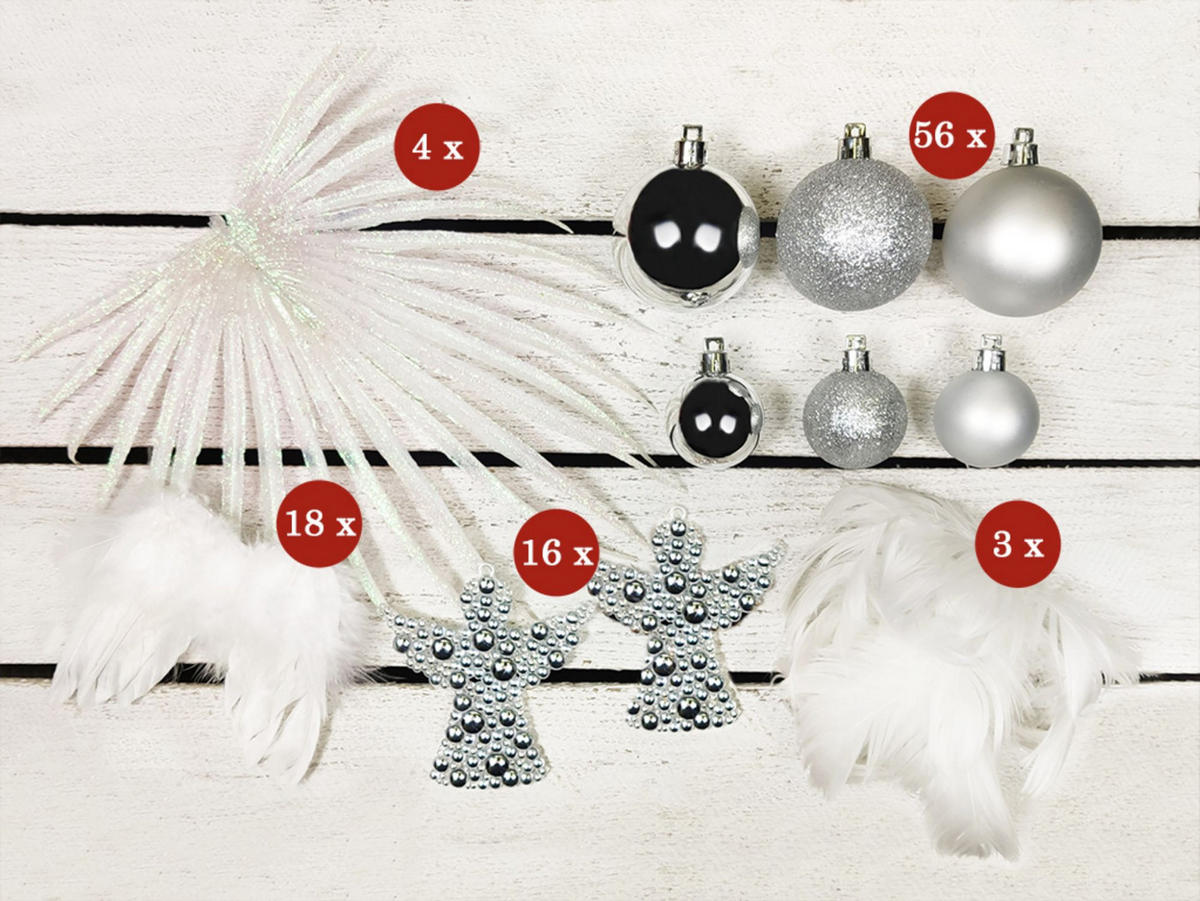 LAALU WEIHNACHTSBAUM geschmückt künstlich mit 97 Stk Kugeln ANGEL WINGS 210 cm mit Metallständer - Silberfarben/Weiß, Kunststoff (210cm) - LAALU
