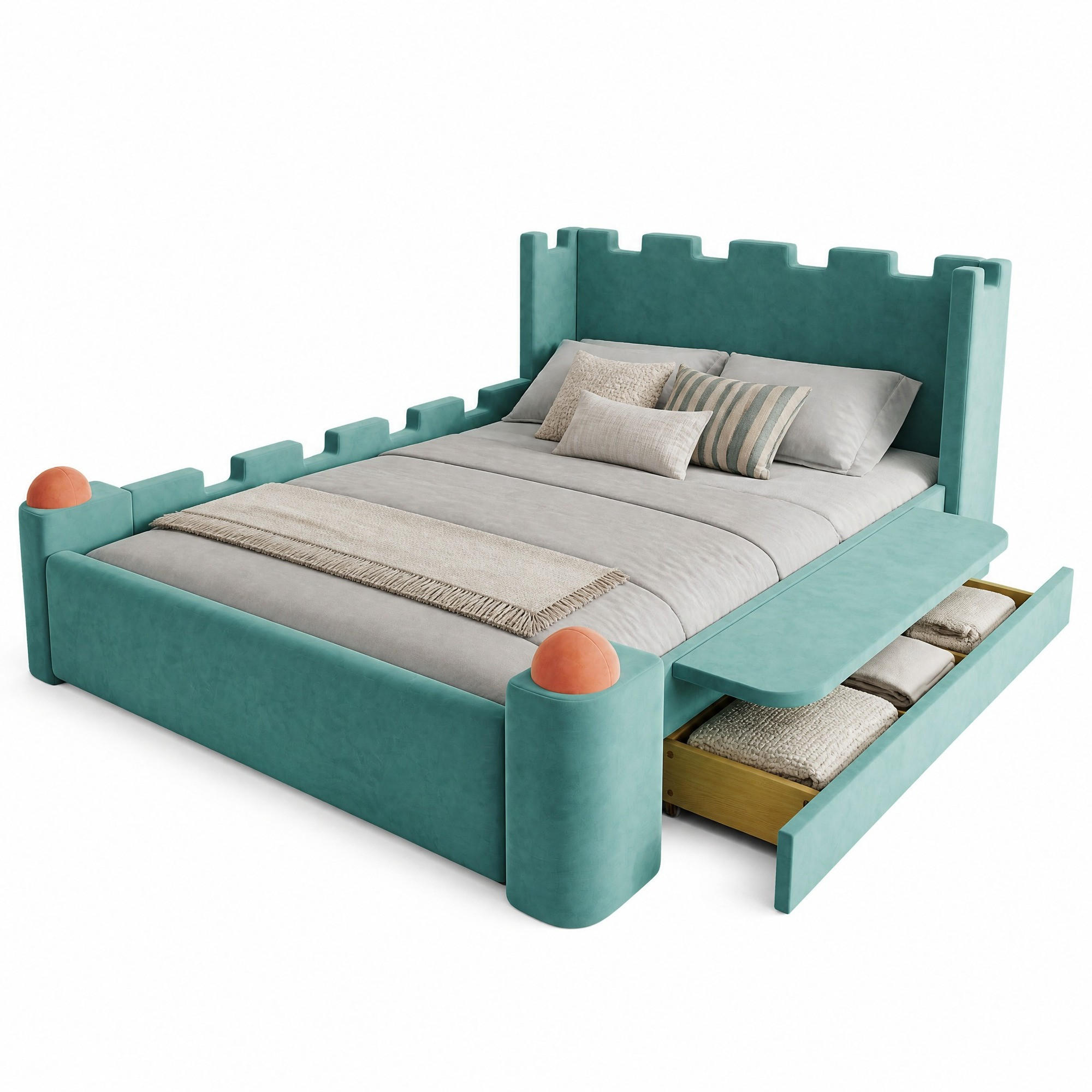 KINDERBETT 140/200 mit Burg-Design, klappbarer Seitenablage und Stauraumschublade in Blaugrün - Blau/Grün, Holzwerkstoff/Textil (140/200cm) - EVRYAE