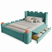 KINDERBETT 140/200 mit Burg-Design, klappbarer Seitenablage und Stauraumschublade in Blaugrün - Blau/Grün, Holzwerkstoff/Textil (140/200cm) - EVRYAE