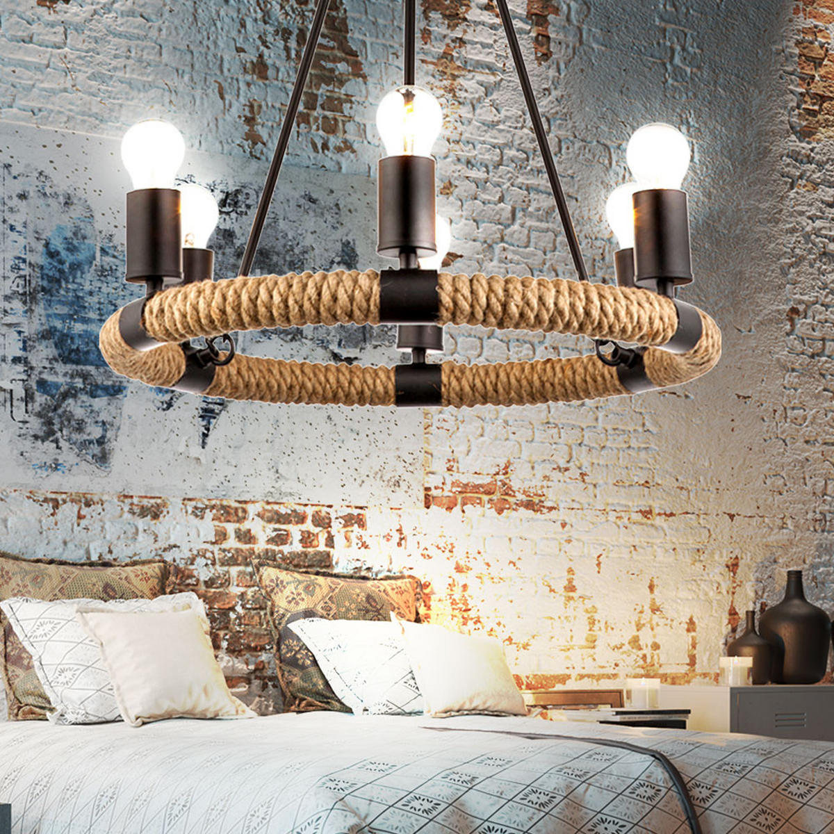 LED HÄNGELEUCHTE Hanfseil Schwarz - Schwarz, Metall (50/50/126cm) - Globo Lighting