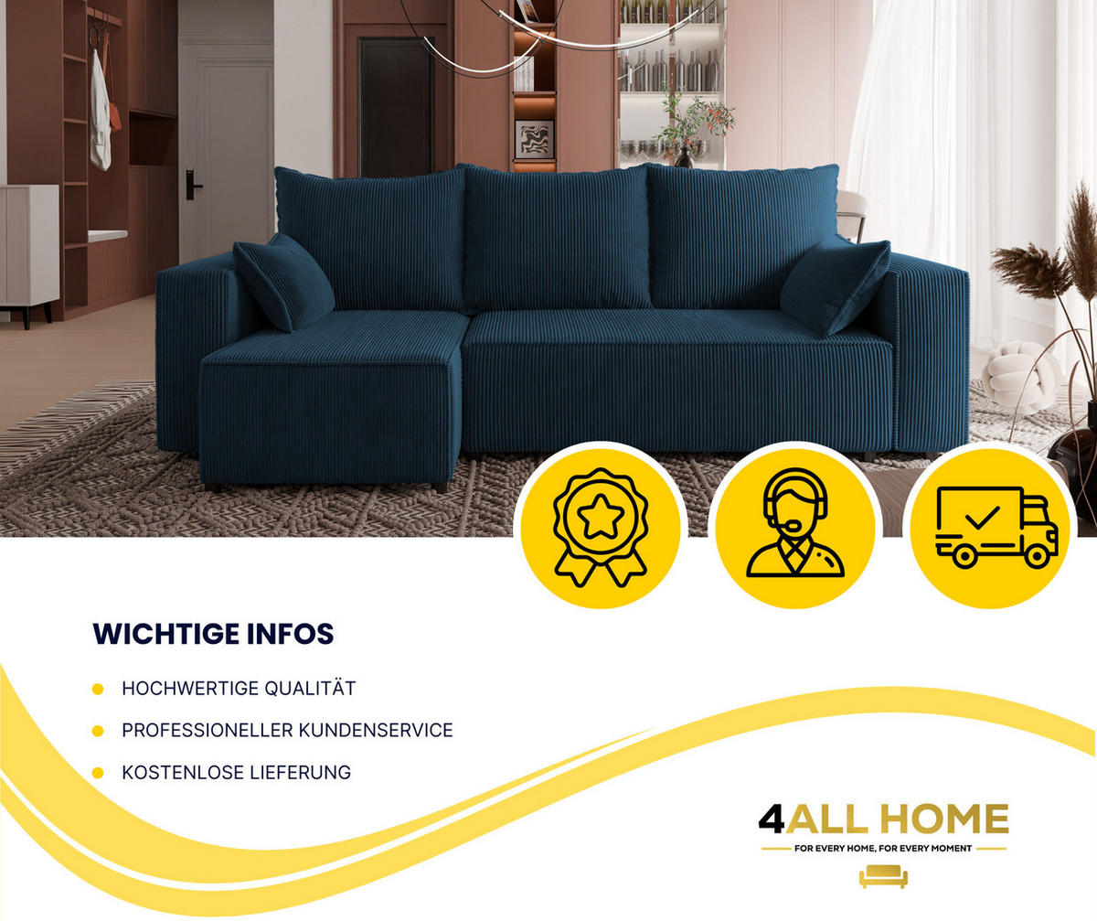 ECKSOFA Tobi mit Bettkasten und Schlaffunktion, L-Form, Cordstoff, Universal - Blau, Holzwerkstoff (246/145cm) - 4ALL HOME