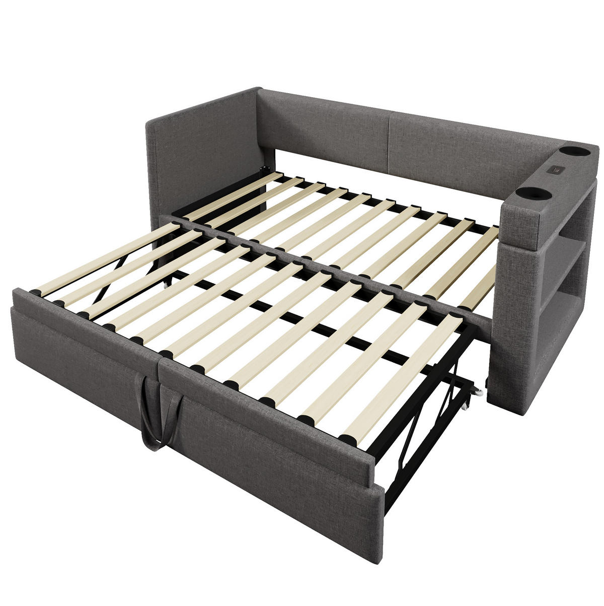 ČALOUNĚNÁ postel z bavlny a lnu 90x200 cm šedá s výsuvným lůžkem, USB, Type-C a držáky na nápoje - šedá, textil (90/200cm) - Modfu