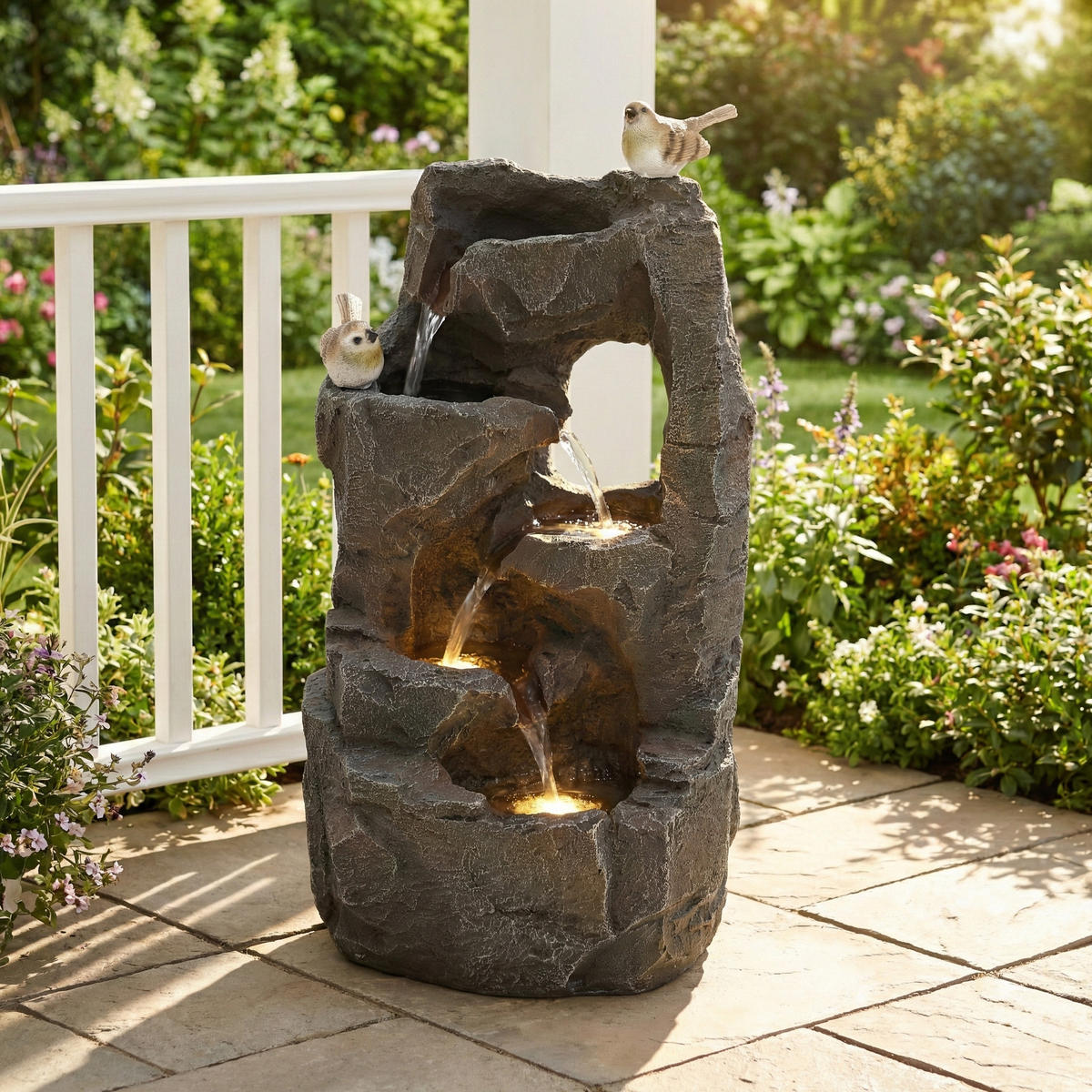GARTENBRUNNEN LED Steingrau 47cm Zen Außen Terrasse Balkon - Grau, Naturmaterialien (25.5/19/47cm) - FLIEKS