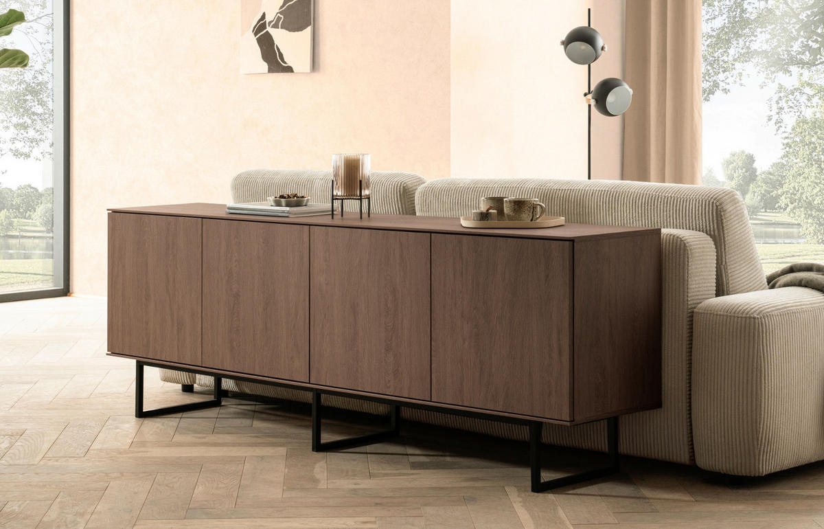 SIDEBOARD in Nussbaum 200 x 90 cm, Kommode mit Push-to-Open - Nussbaumfarben/Schwarz, Holzwerkstoff/Metall (200/90/40cm) - Furn.Design