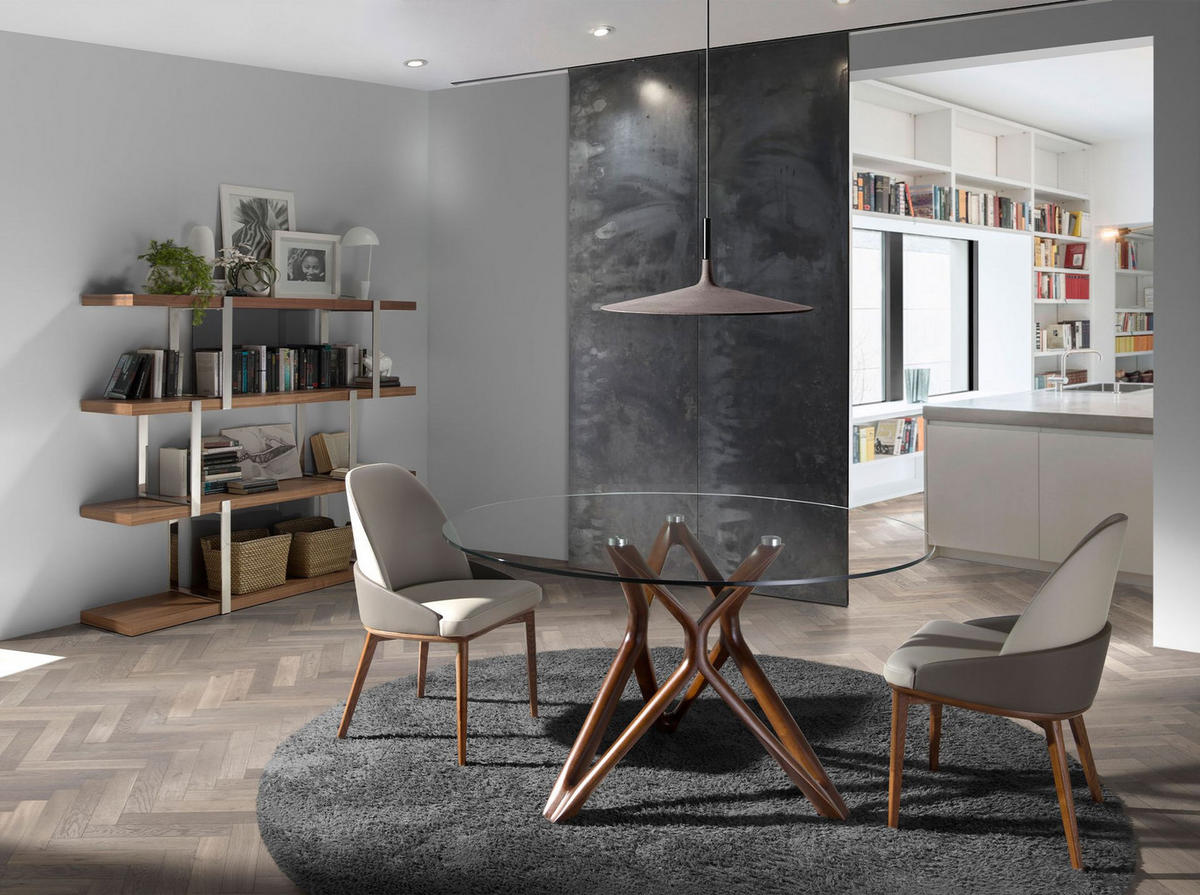 REGAL Bücherregal aus Nussbaumholz mit schwarzen Glasfächern 180/40/146 cm - Edelstahlfarben/Walnussfarben, Holz/Metall (180/146/40cm) - ANGEL CERDA