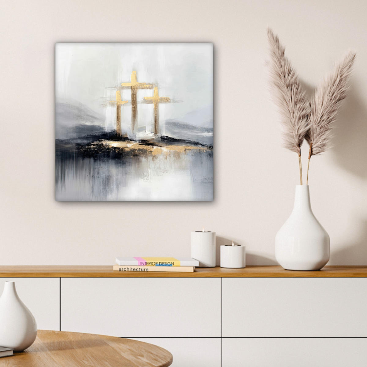 LEINWANDBILD Abstrakt - Malerei - Christentum - Kreuz Wandbild Wohnzimmer 50x50 cm - Weiß, Textil (50/50cm) - MuchoWow