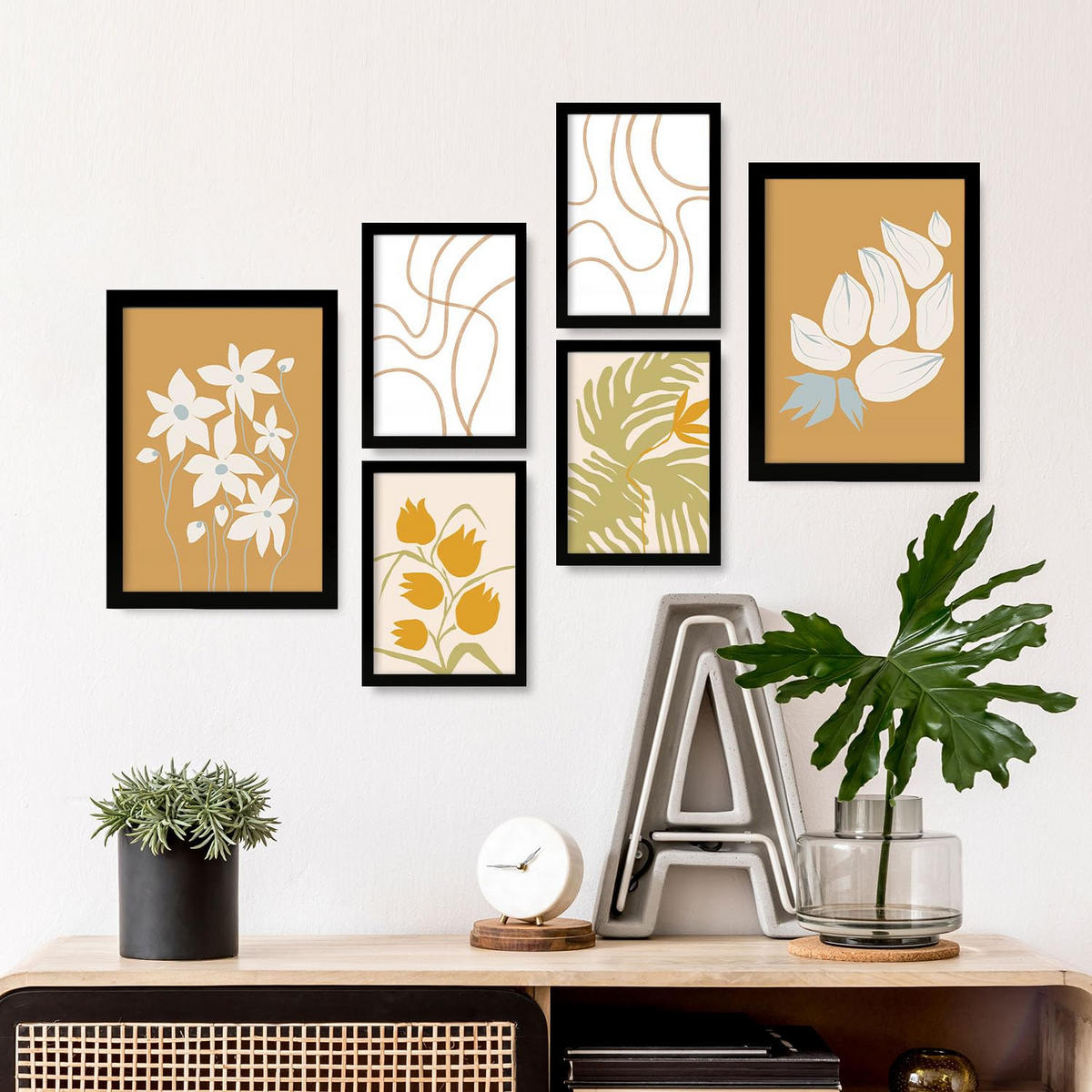 POSTER Set Mit 6 Flora Geht In Blume Zusammenfassung Ästhetische Dekorative Gemälde Für Ihr Wohnzimmer, Schlafzimmer, Zuhause A3 & A4 Schwarzer Rahmen - Schwarz, Papier (29/3cm) - Nacnic