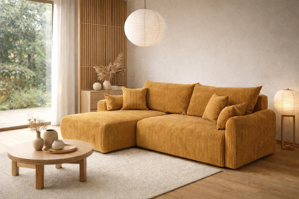 ECKSOFA Mit Schlaffunktion, Cordstoff Poso, Senffarbe, Links, JAPANDI - Gelb, Holz (262/145cm) - Kaiser Möbel