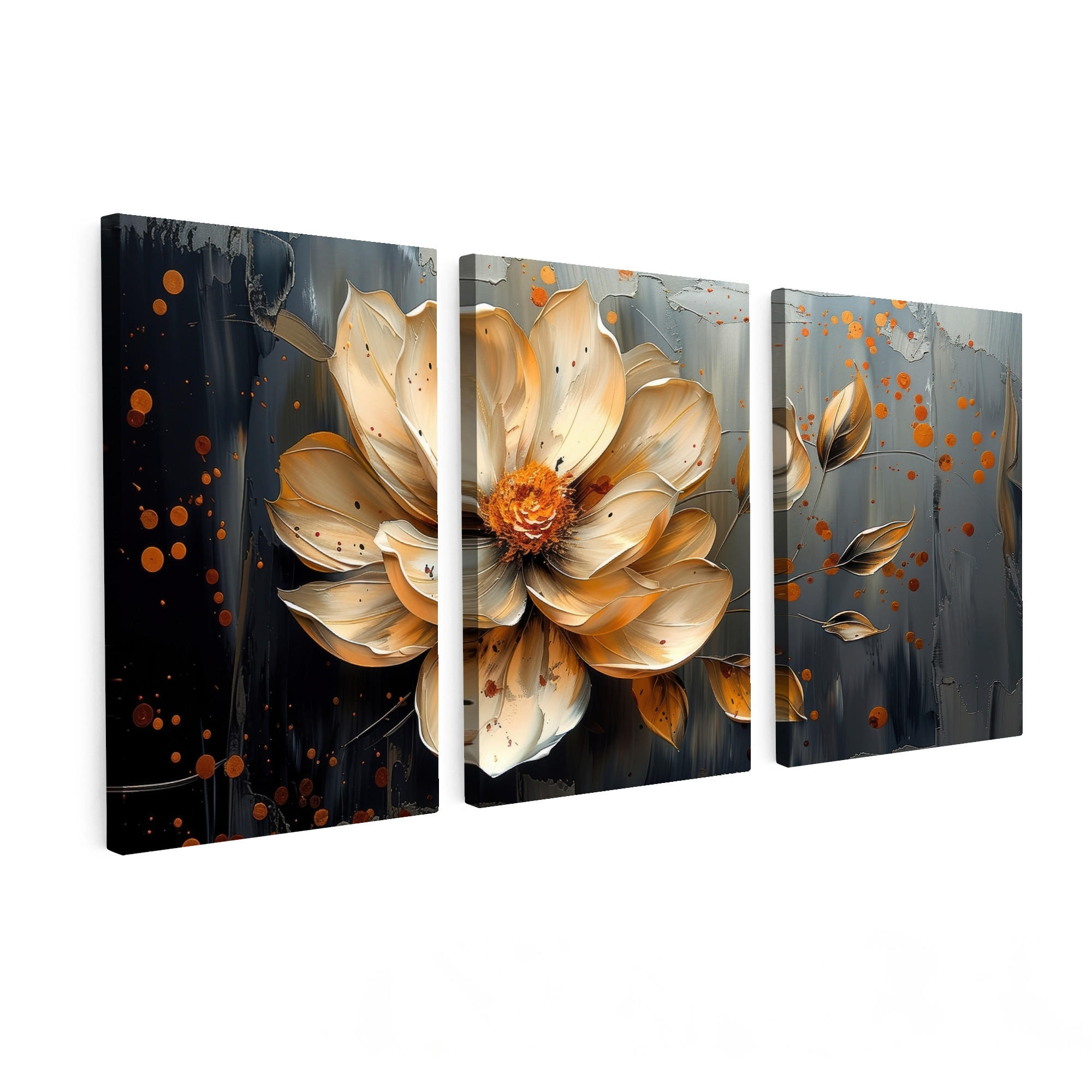 MuchoWow OBRAZ NA PLÁTNĚ 3dílná sada Květina - Zlato - Abstraktní - Malba 120x60 cm