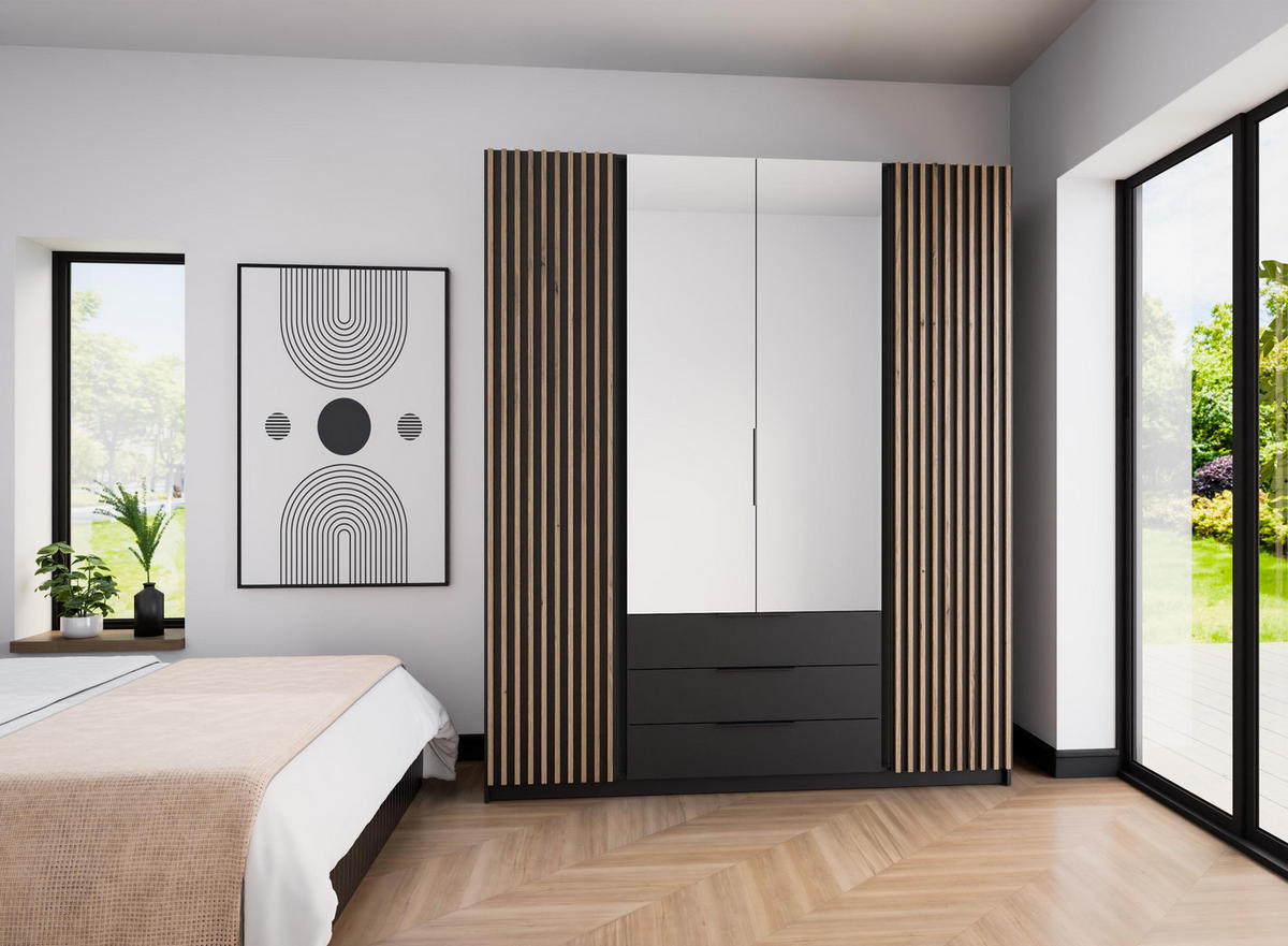 KLEIDERSCHRANK Nehir Korpus Schwarz, Front Schwarz/Eiche Evoke 200 cm - 4T3S Modern mit Schubladen, Lamellentüren außen und Spiegeln mittig - Schwarz, Holzwerkstoff/Kunststoff (200/239/61.9cm) - AX Living
