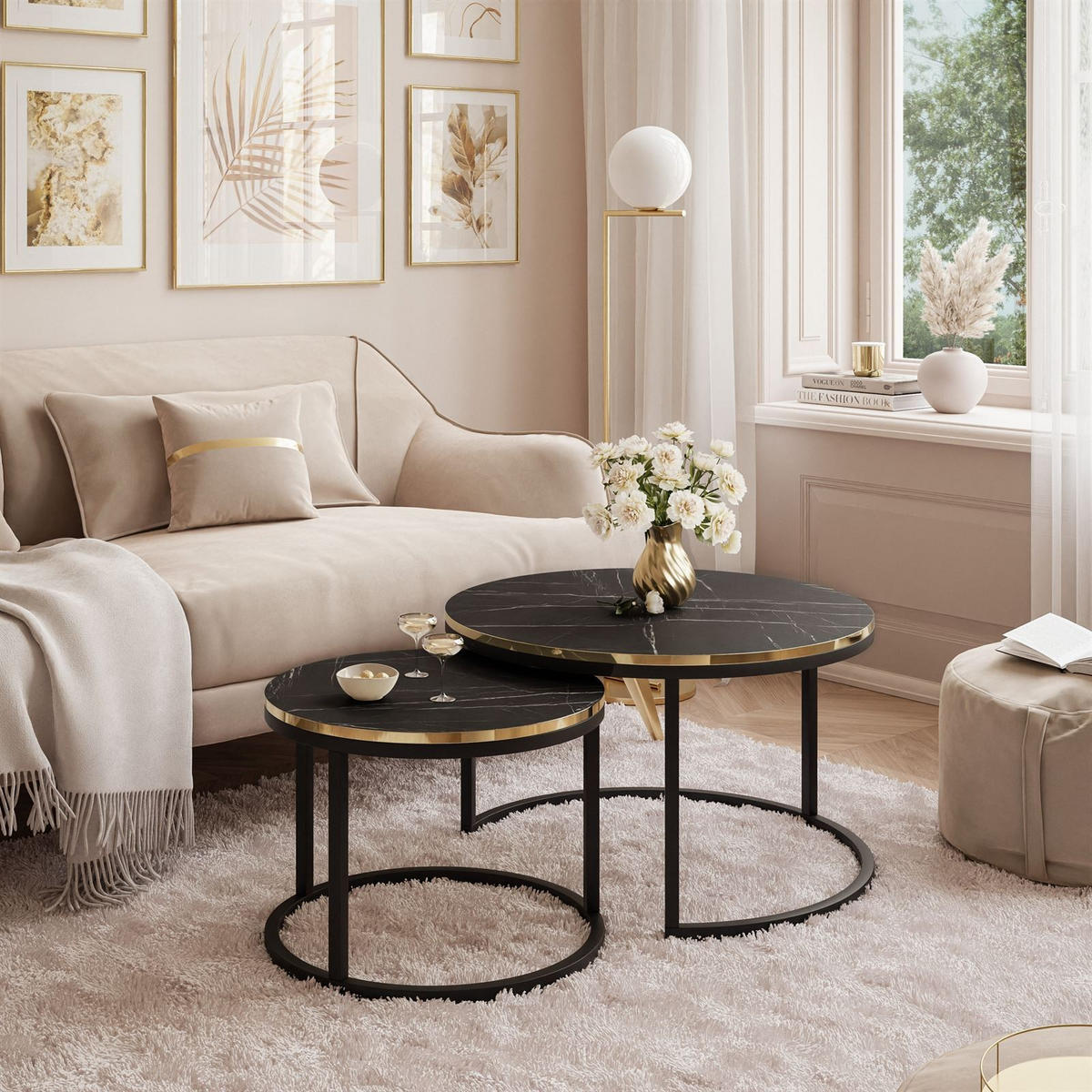 COUCHTISCH Set SOLEIL 2in1, rund, Schwarz Marmor-Optik und Schwarz Gestell - Schwarz, Holzwerkstoff (70/70/48cm) - Lookway