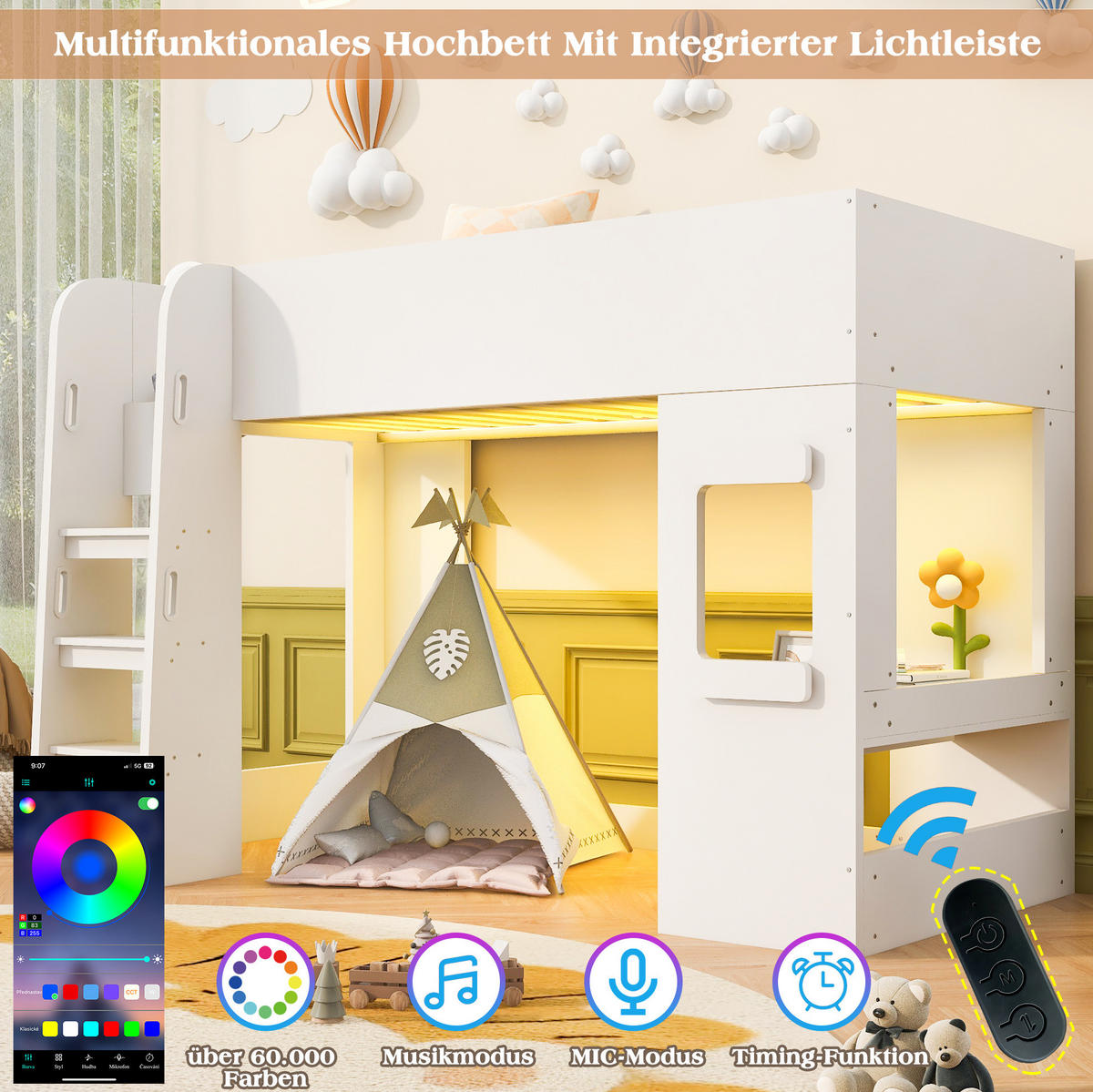 HOCHBETT aus MDF und Sperrholz 90x200 cm Weiß mit Schreibtisch und LED-Beleuchtung - Weiß, Holzwerkstoff (90/200cm) - Modfu