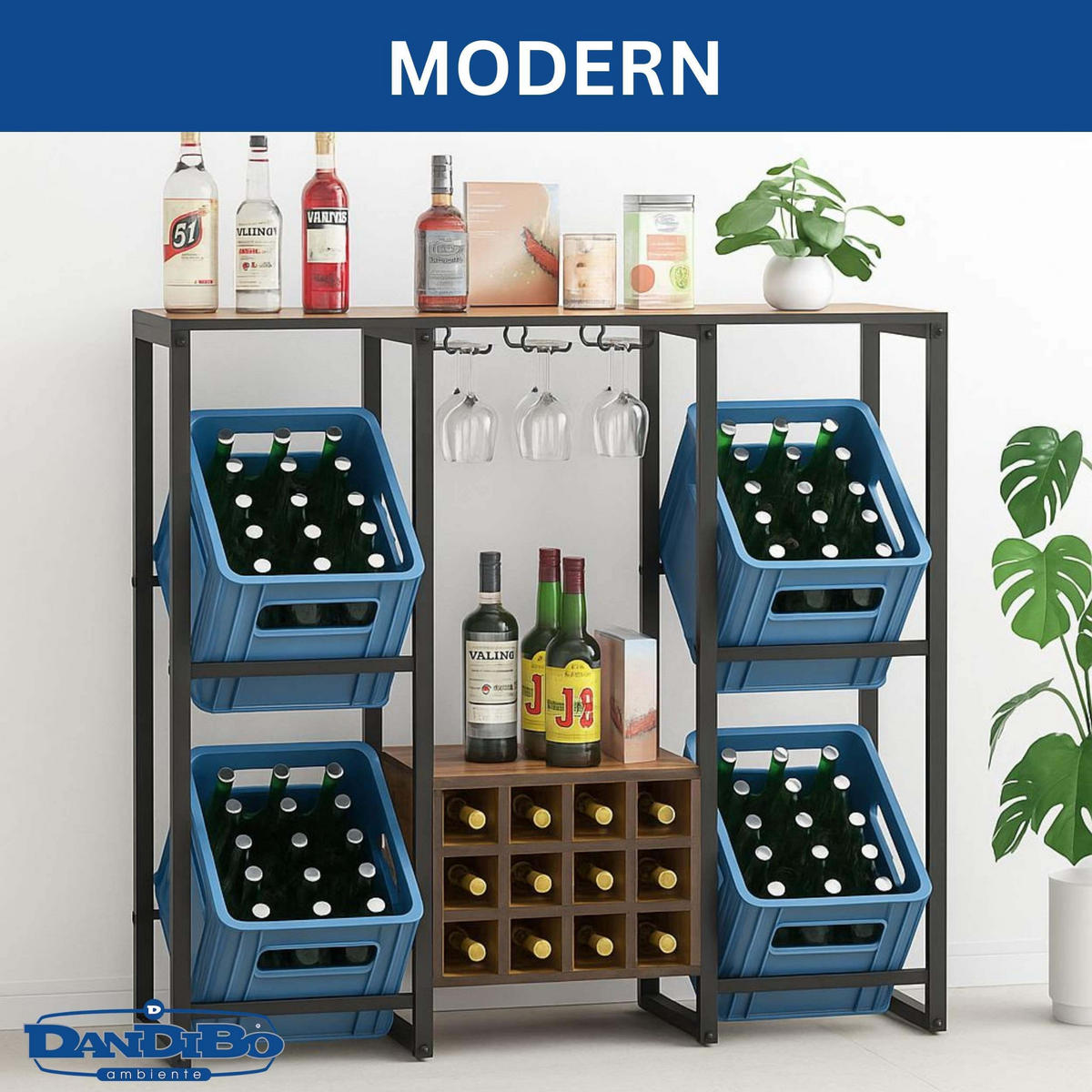 GETRÄNKEKISTENREGAL 4 Kisten mit Ablage Holzablage 96659 - Schwarz, Metall (116/112/32cm) - DanDiBo