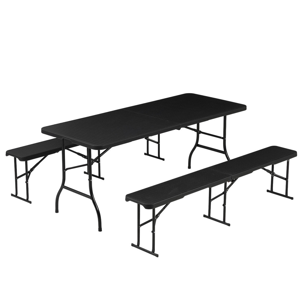 BIERZELTGARNITUR Rattan 2 Bänke, 1 Tisch - Schwarz, Metall (182/182/75cm) - Albatros