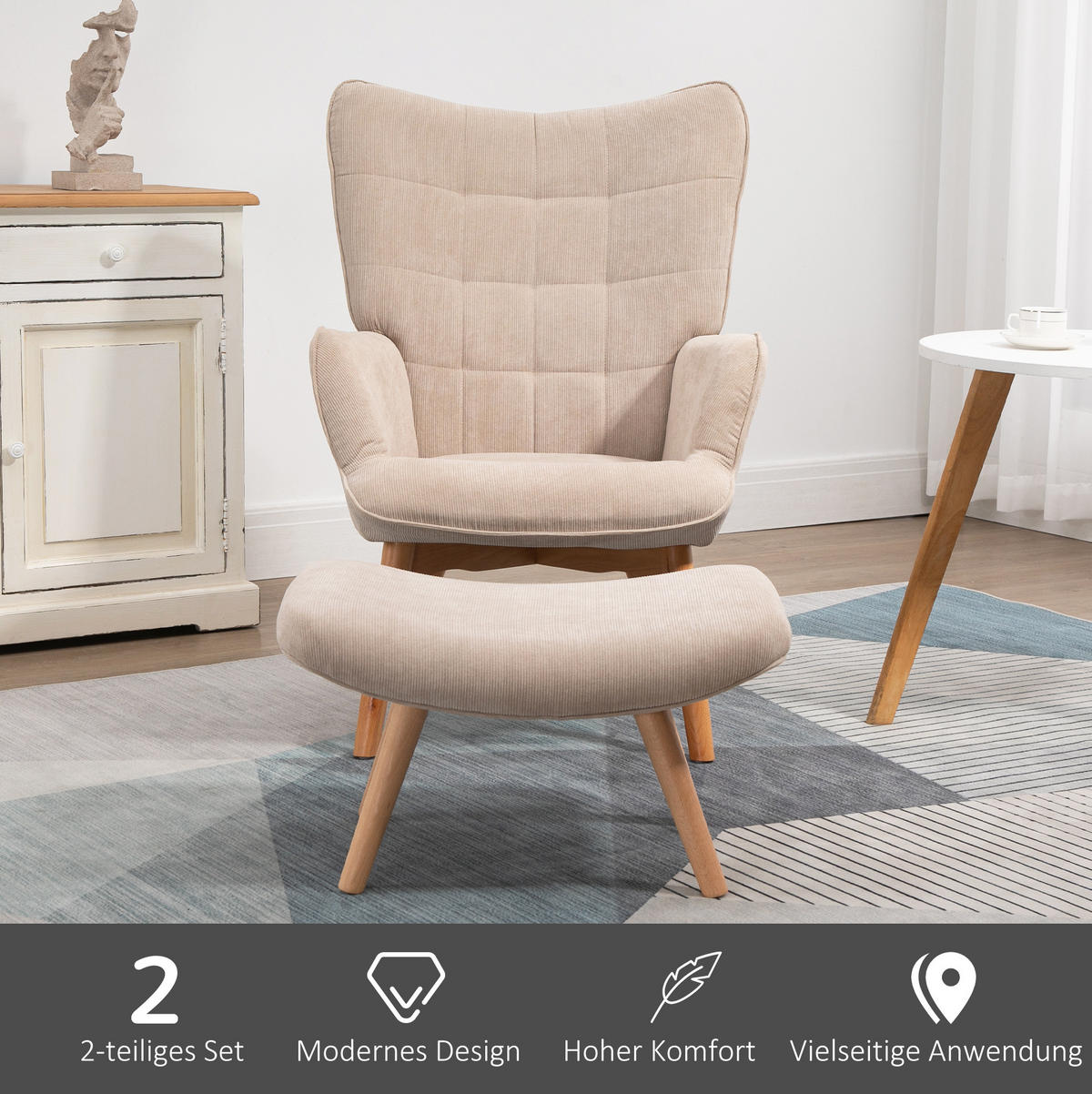 RELAXSESSEL 72/80/101 cm in Beige mit Hocker und Cordbezug - Beige, Textil (80/101/72cm) - Flora Grace