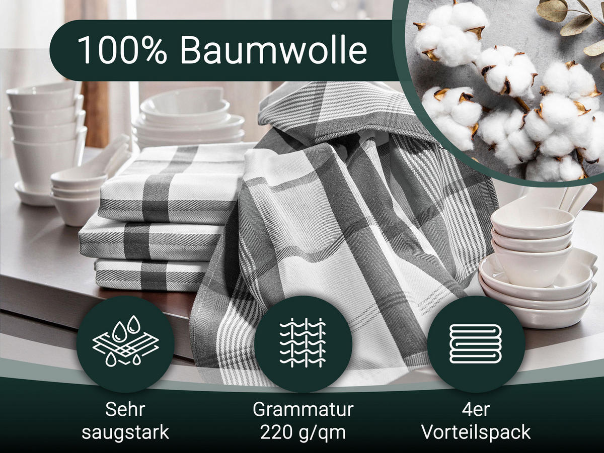 GESCHIRRTÜCHER, 4er-Set, 50x70 cm, 100% Baumwolle, Grau - Grau, Textil (50/70cm) - Zollner