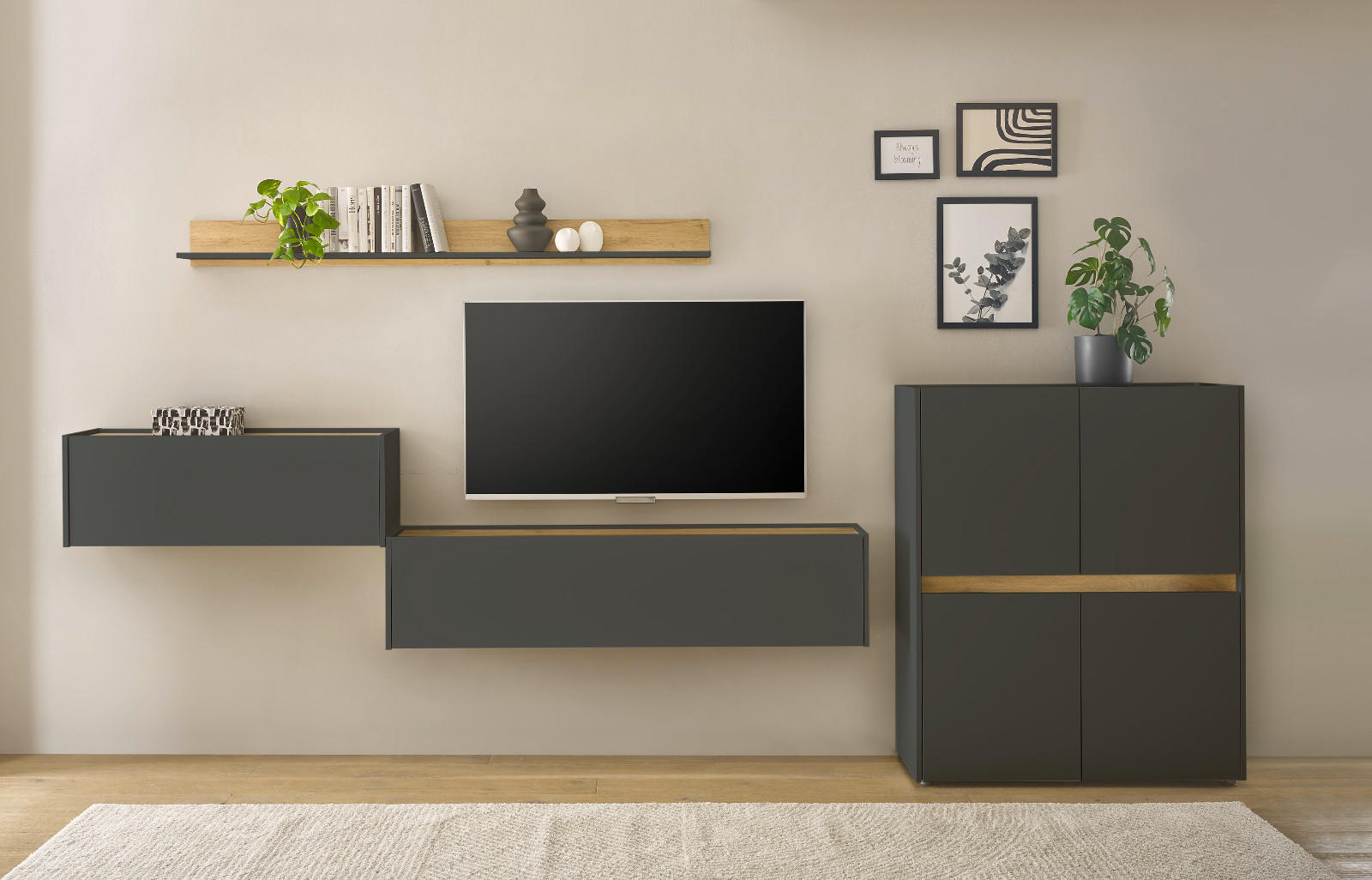 WOHNWAND mit Sekretär grau matt, Eiche Wotan 370 cm, Schrankwand 4-teilig - Eiche Wotan/Grau, Holzwerkstoff/Kunststoff (370/170/40cm) - Furn.Design