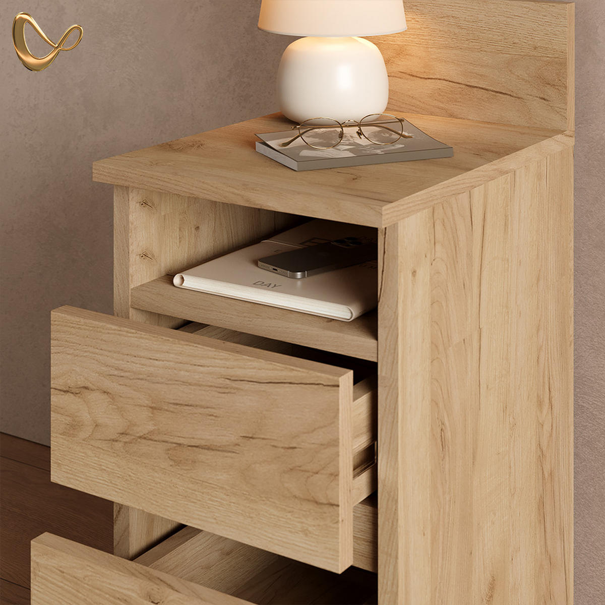 NACHTTISCH Roya, Goldkraft Eiche, 25 x 59.1 cm mit 2 Schubladen - Honigeiche, Holzwerkstoff (25/59.1/32.3cm) - Livinity®