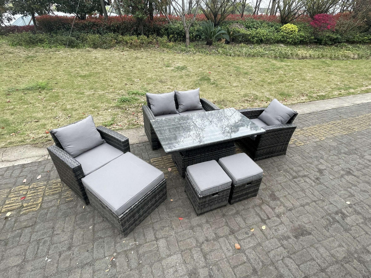 GARTENTISCHGRUPPE Polyrattan 7-Sitzer - Dunkelgrau, Metall - Fimous