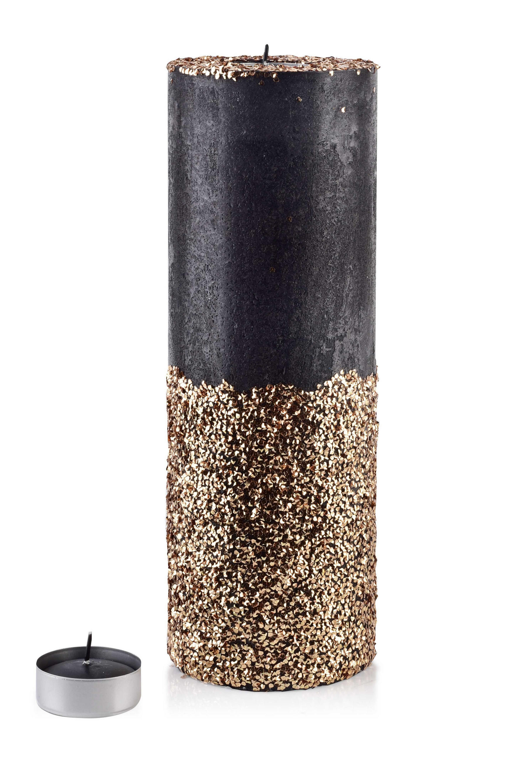 TEELICHTHALTER mit Teelight Basic Schwarz Gold 12/12/35 cm Naturmaterial - Goldfarben/Schwarz, Naturmaterialien (35cm) - Mondex