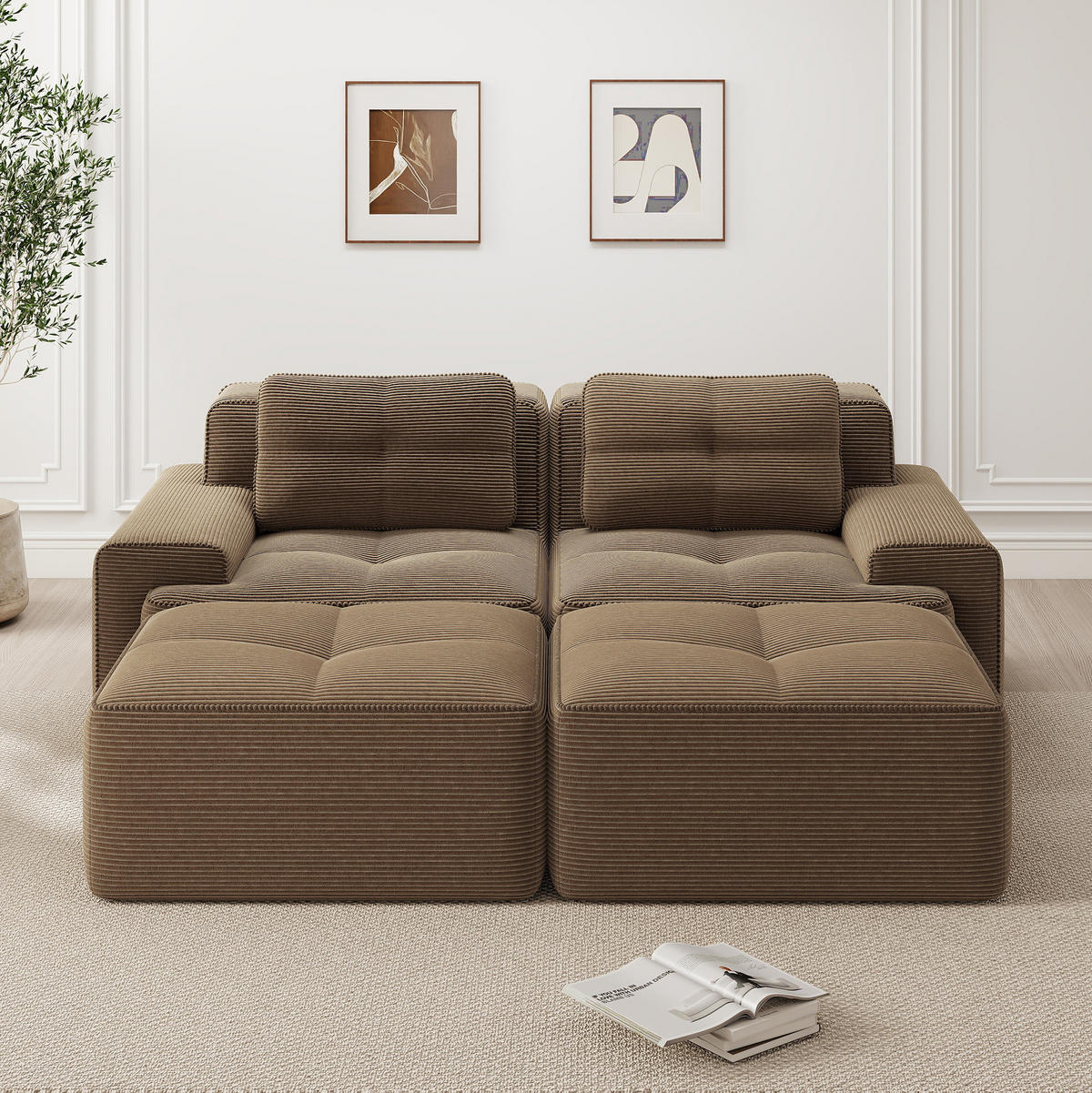 MODULÁRNÍ pohovka z manšestru 204x177x69 cm hnědá s hlubokým sedem, bez montáže a s variabilním uspořádáním - hnědá, textil (177/69/204cm) - Modfu