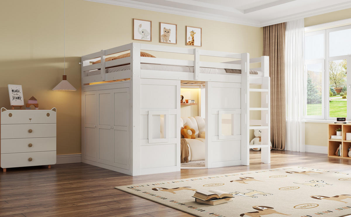 HOCHBETT 140x200 cm mit Kleiderschrank, zwei Fenstern und LED-Kopfteil, Schutzgeländer und Treppe, weiß - Weiß, Holzwerkstoff (140/200cm) - Luhomfu