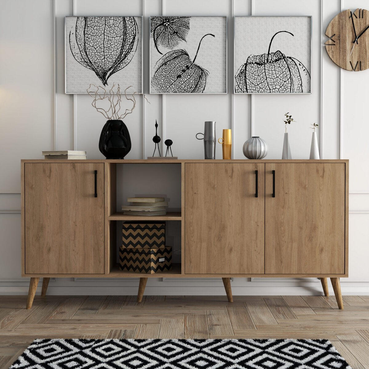 SIDEBOARD 3 Türen und 2 offene Fächer Dekor Eiche B180 cm - EXXEN - Apfelbaumfarben, Holzwerkstoff (45/83/180cm) - Calicosy