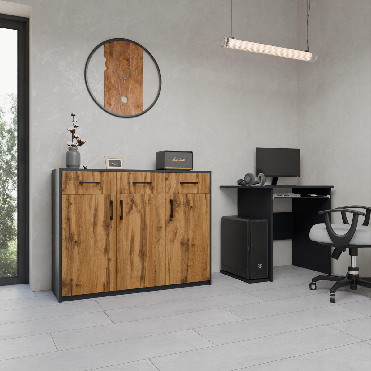 KOMMODE 3D3S Anthrazit-Wotan Eiche 110/35/85 cm Sideboard - Anthrazit/Eiche Wotan, Holzwerkstoff (110/85/35cm) - Matkam Möbel