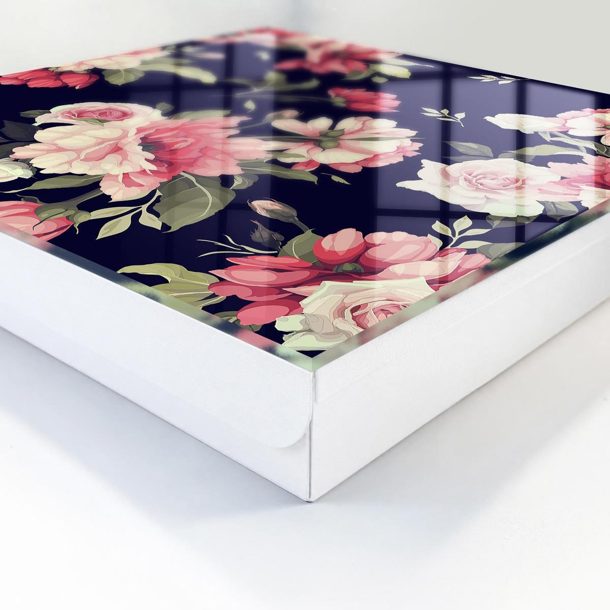 SCHLÜSSELBOX Weiß 30x30 cm – Türöffnung nach rechts - Romantische Blumen - Dunkelblau, Metall (30/30/5cm) - TULUP