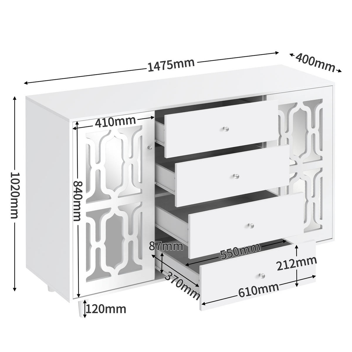 BELA kredenca z zrcalno površino in steklenimi ročaji, 147,5/40/102 cm - bela, leseni material (40/102/147.5cm) - OKMYHOME