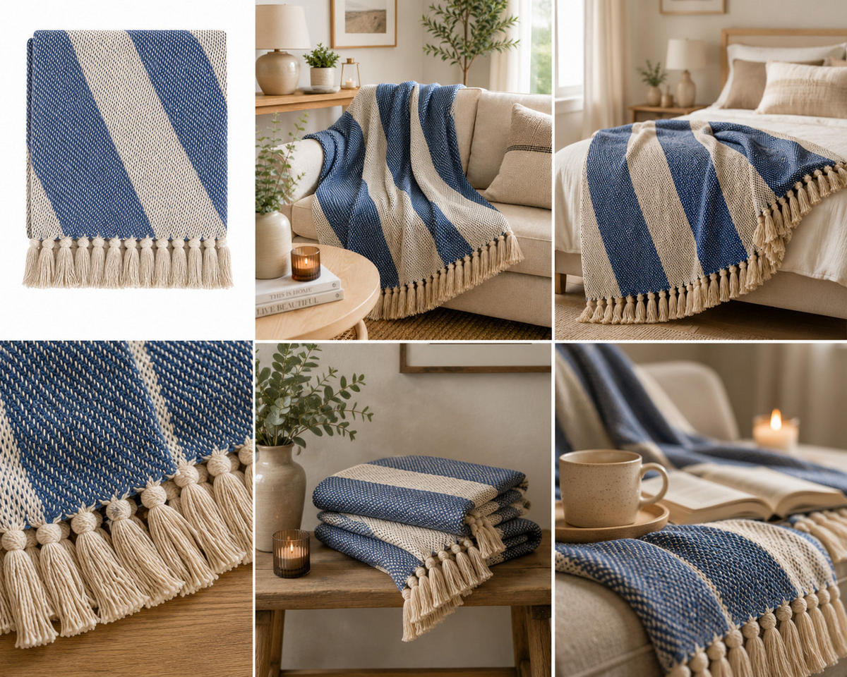 DECKE Diagonal 130x180 cm, 100% Baumwolle, Royal-Natur - Blau/Naturfarben, Textil (130/180cm) - Au Maison