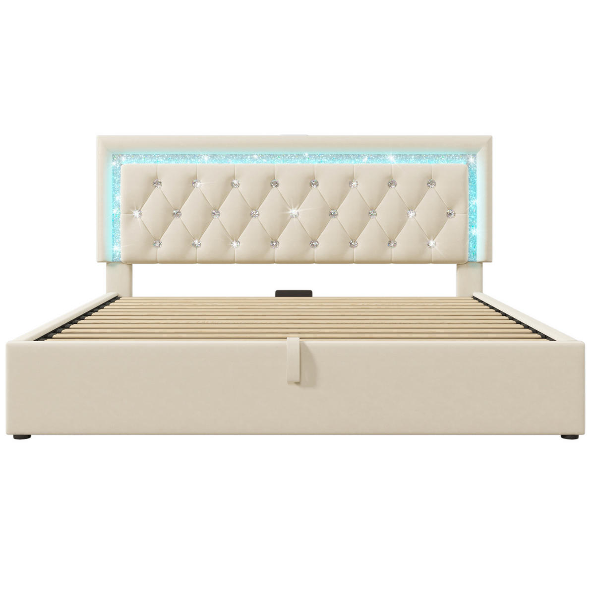 POLSTERBETT aus Samt 140x200 cm Beige mit LED-Beleuchtung, USB/Type-C und hydraulischem Bettkasten - Beige, Textil (140/200cm) - IVMEU