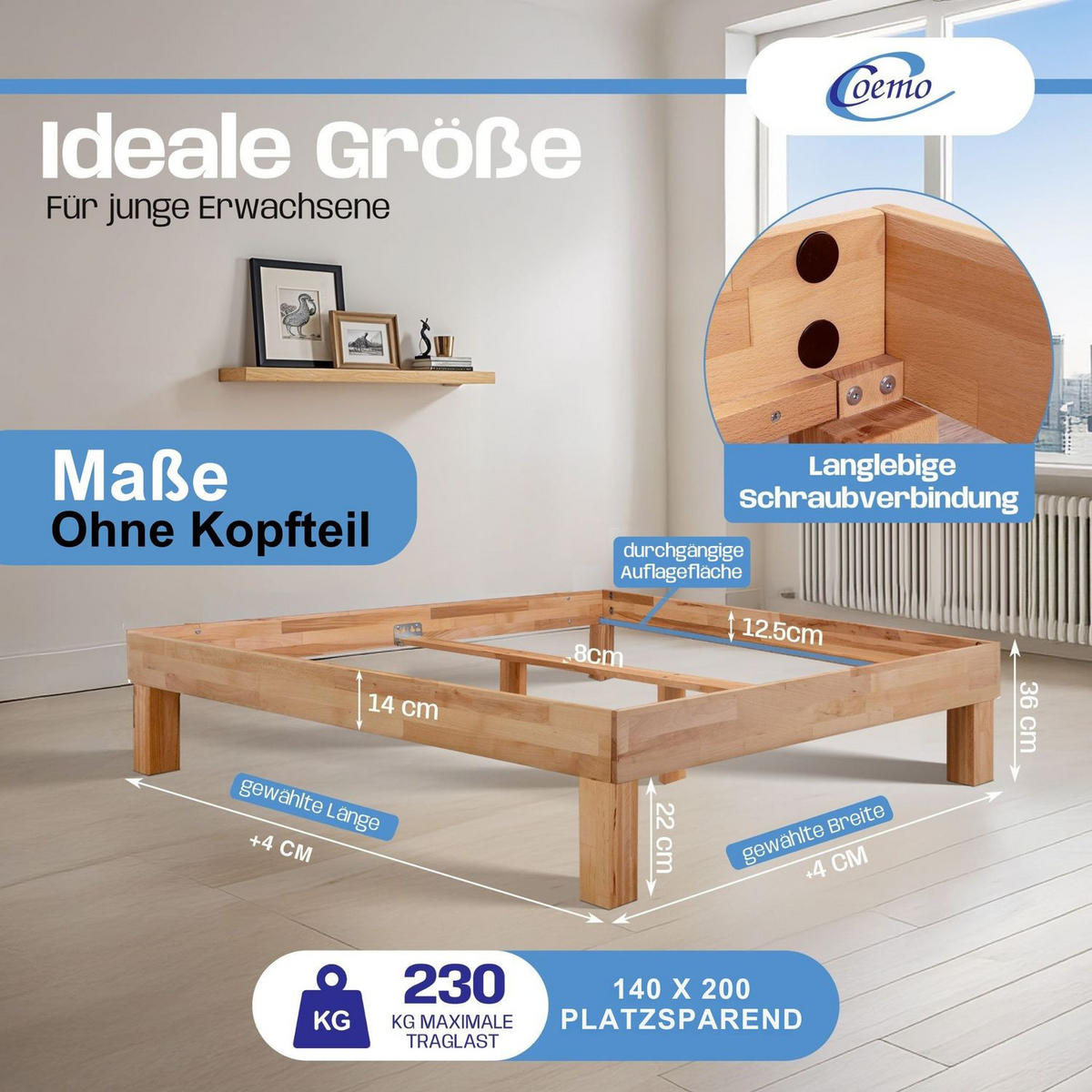 MASSIVHOLZBETT LEAH Buche massiv 140/200 cm - Naturfarben, Holz (140/200cm) - Coemo