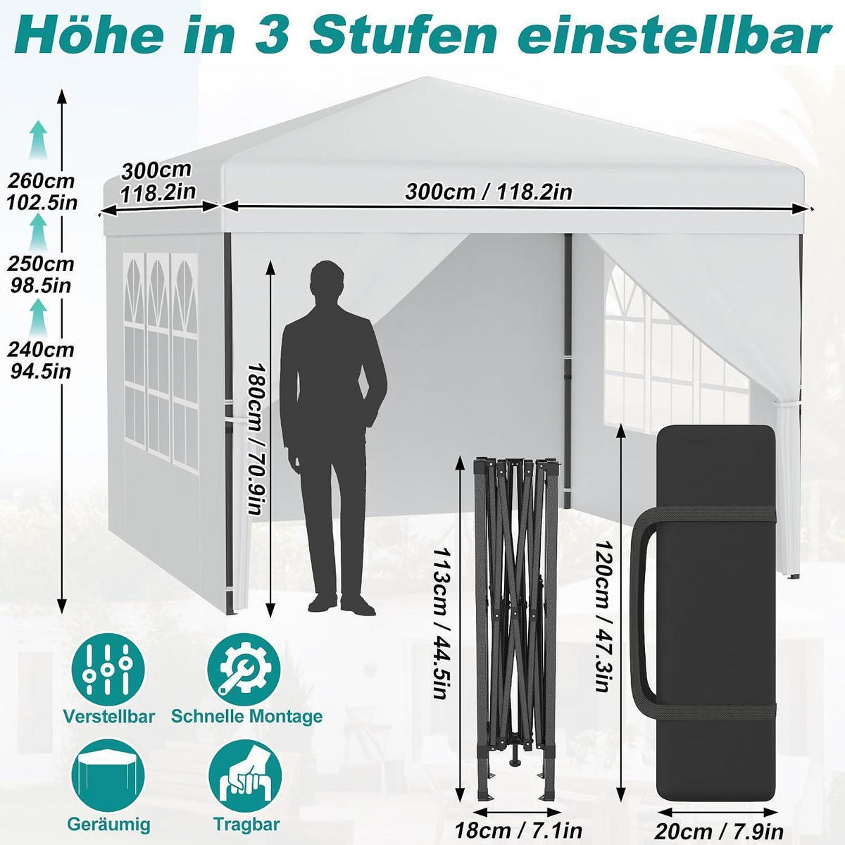 FALTPAVILLON 300 x 300 cm mit Seitenwänden Weiß - Weiß, Textil (300/260/300cm)