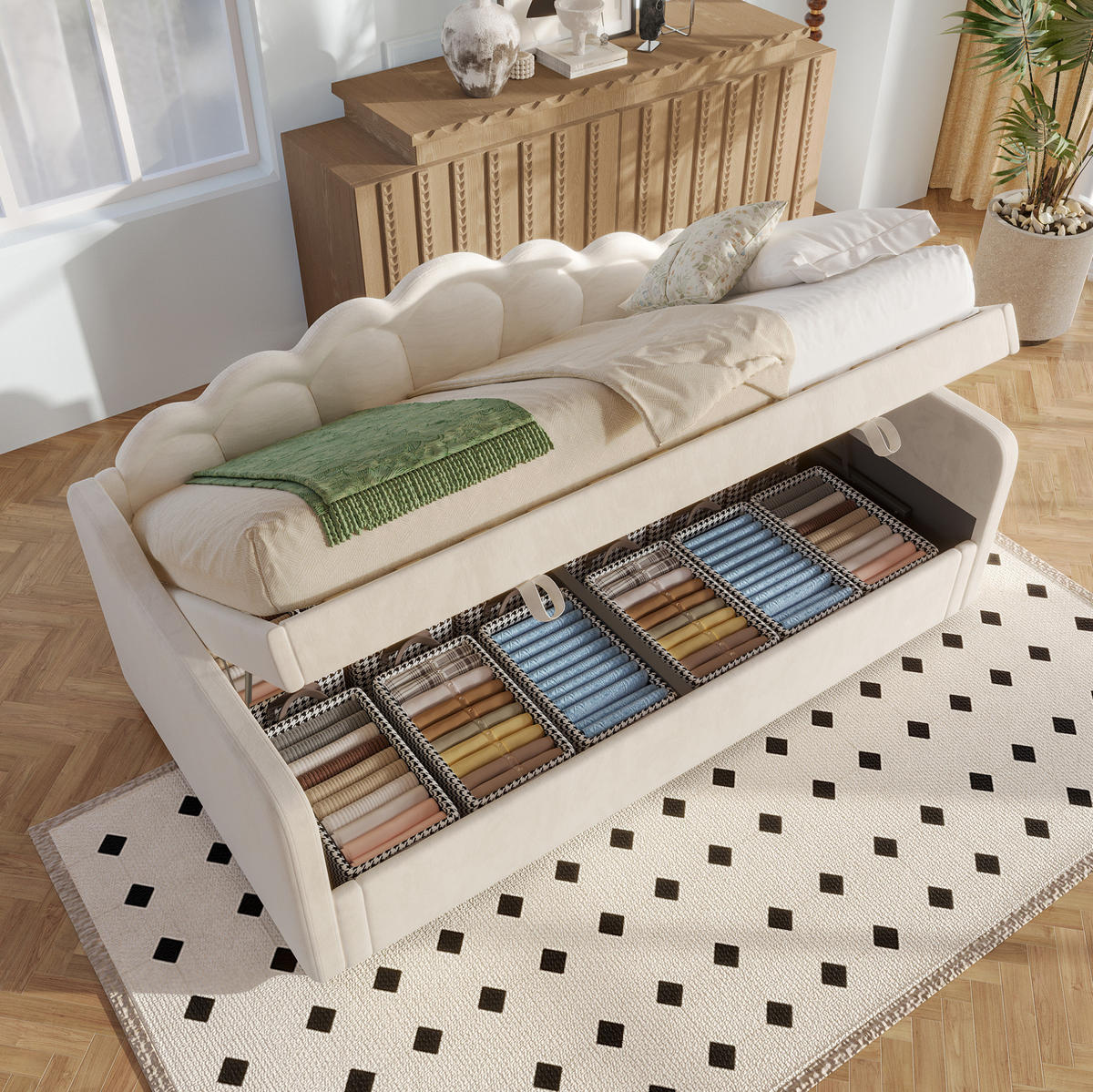 TAGESBETT 90/200 cm aus Samt mit hydraulischem Stauraum und LED-Beleuchtung, Beige - Beige, Textil (90/200cm) - Redom