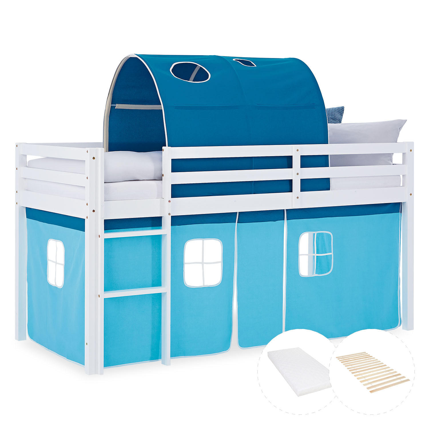 Homestyle4u Hochbett Blau, Weiß 90x200 cm