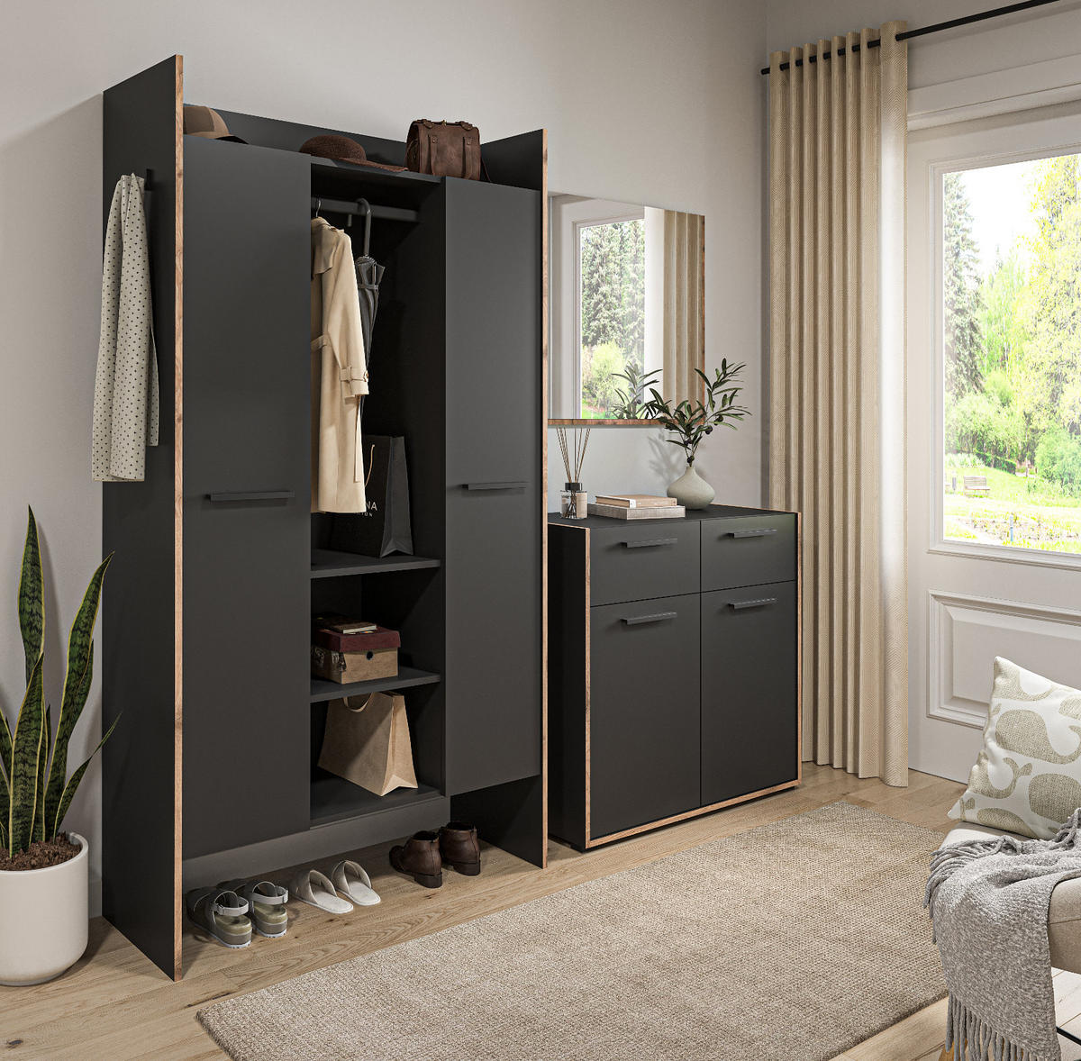GARDEROBEN-SET 3-teilig grau, Eiche Nox 215 cm, Komplettset mit viel Stauraum - Eichefarben/Schwarz, Glas/Holzwerkstoff (215/189/37cm) - Inn.Furn