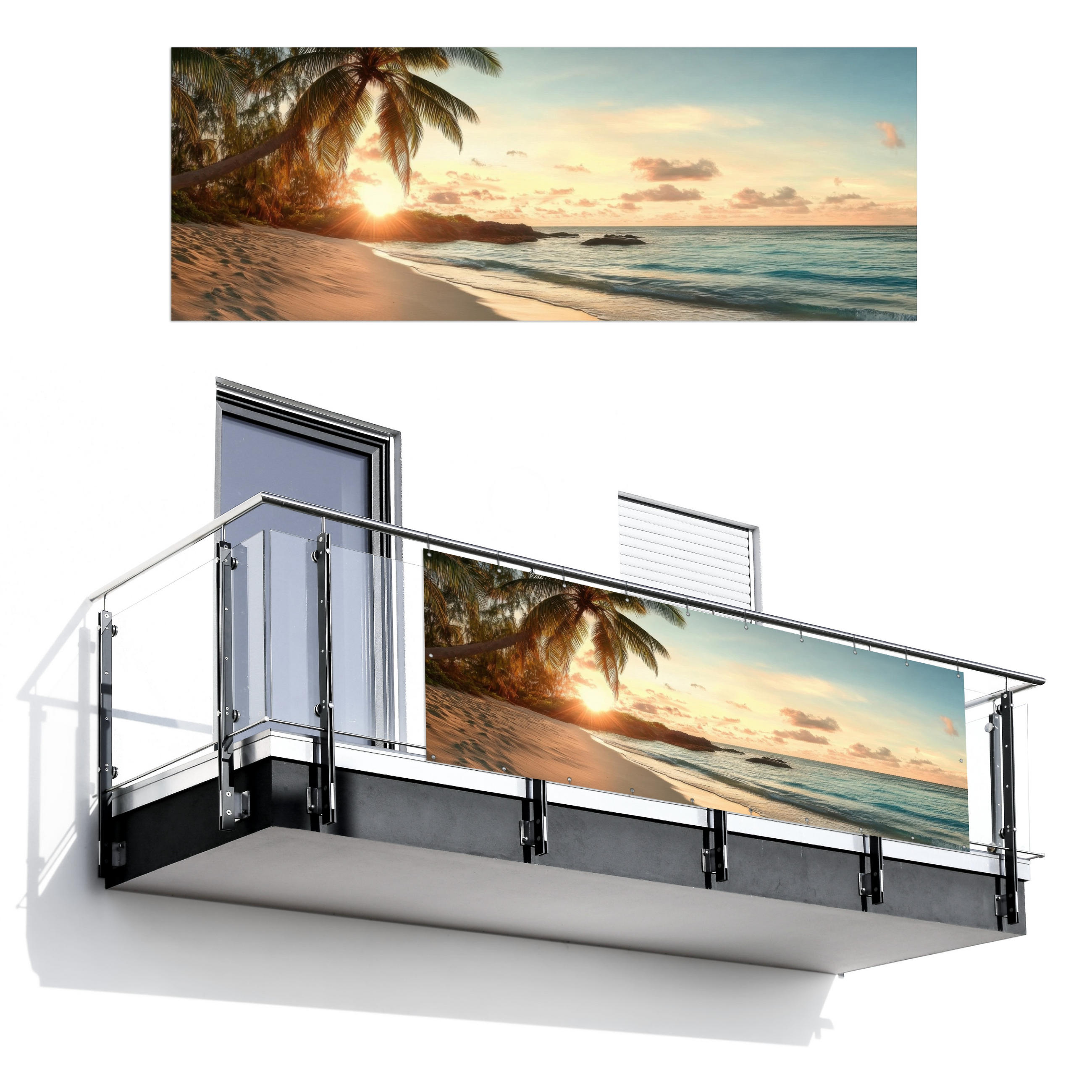 BALKON-SICHTSCHUTZ Strand - Palmen - Meer - Sonnenuntergang 300x110 cm - Samtahornfarben, Kunststoff (300/110cm) - MuchoWow