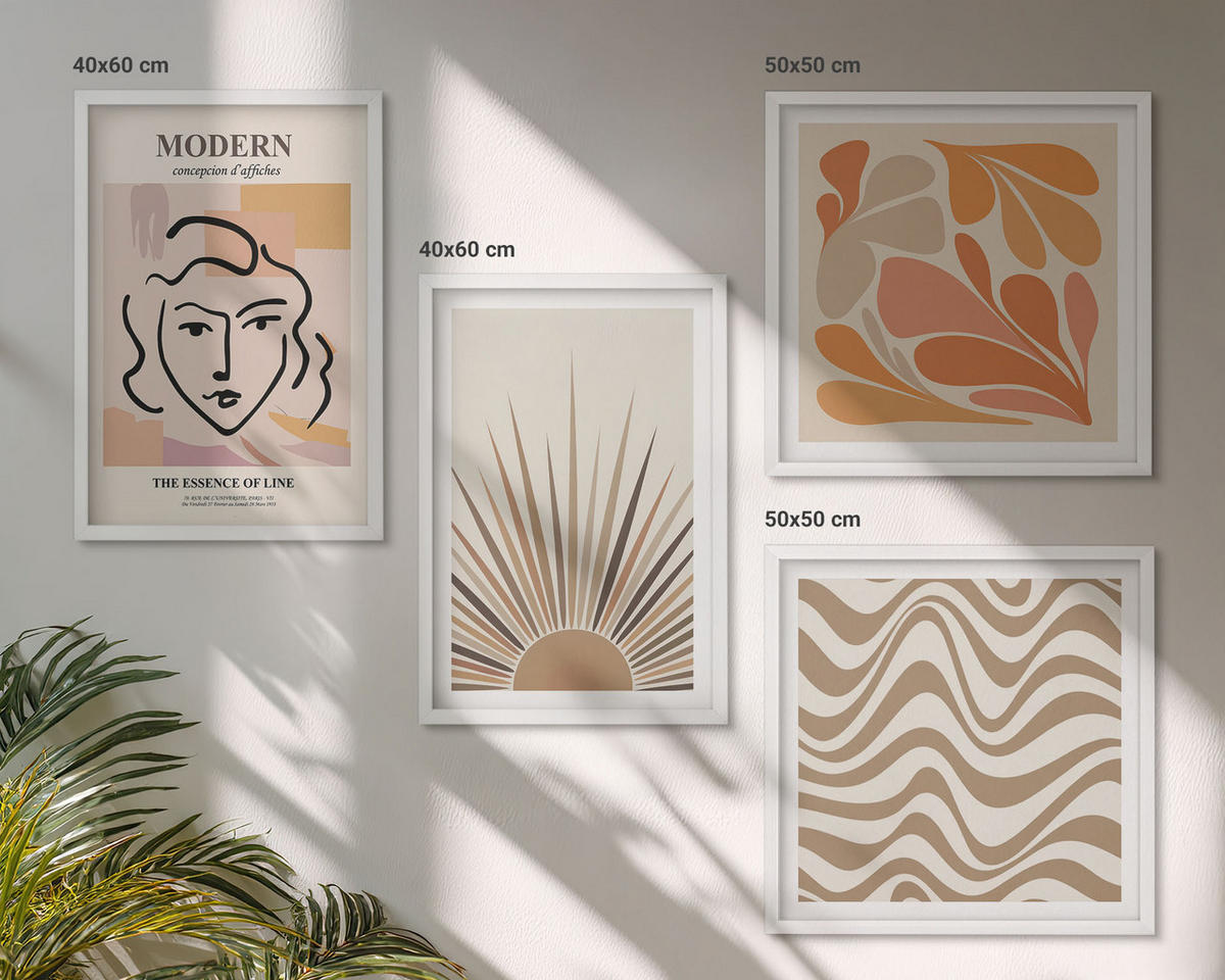 BILDER SET 4er Set - 50x50 cm & 40x60 cm Weißer Rahmen - Sonnen-Boho-Pastelltönen - Weiß, Kunststoff (50/50cm) - TULUP
