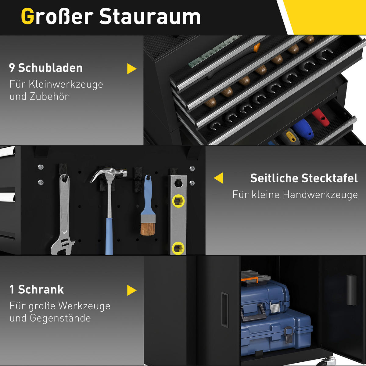 WERKZEUGKISTE 3-IN-1, rollender Werkzeugschrank mit 9 Schubladen, Stahl, Schwarz - Schwarz, Metall (33/133/69.5cm) - HOMCOM
