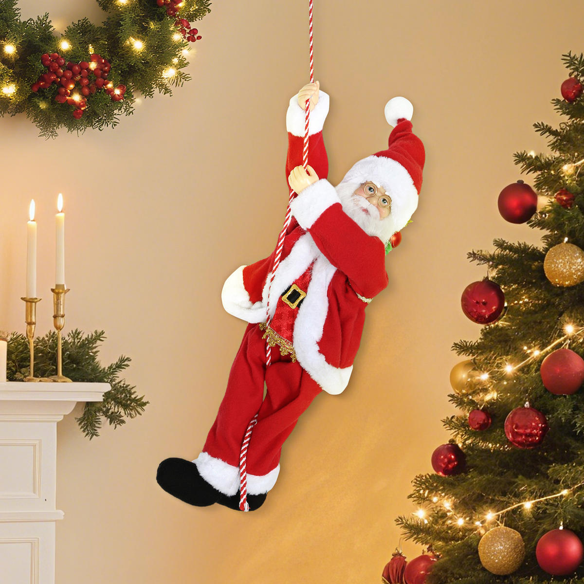 WEIHNACHTSMANN 60 cm Singend und Kletternd Weihnachtsmann mit Geschenk Seil - Rot, Textil (18/60/20cm) - HOMCOM