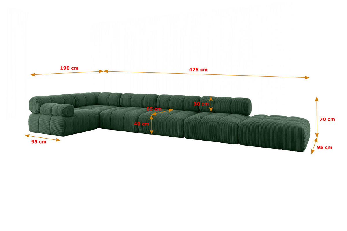 ECKSOFA modulares Sofa Felto-L3 - 475x190x70 cm Grün Cord - Grün, Holzwerkstoff/Textil (475/190cm) - ALTDECOR