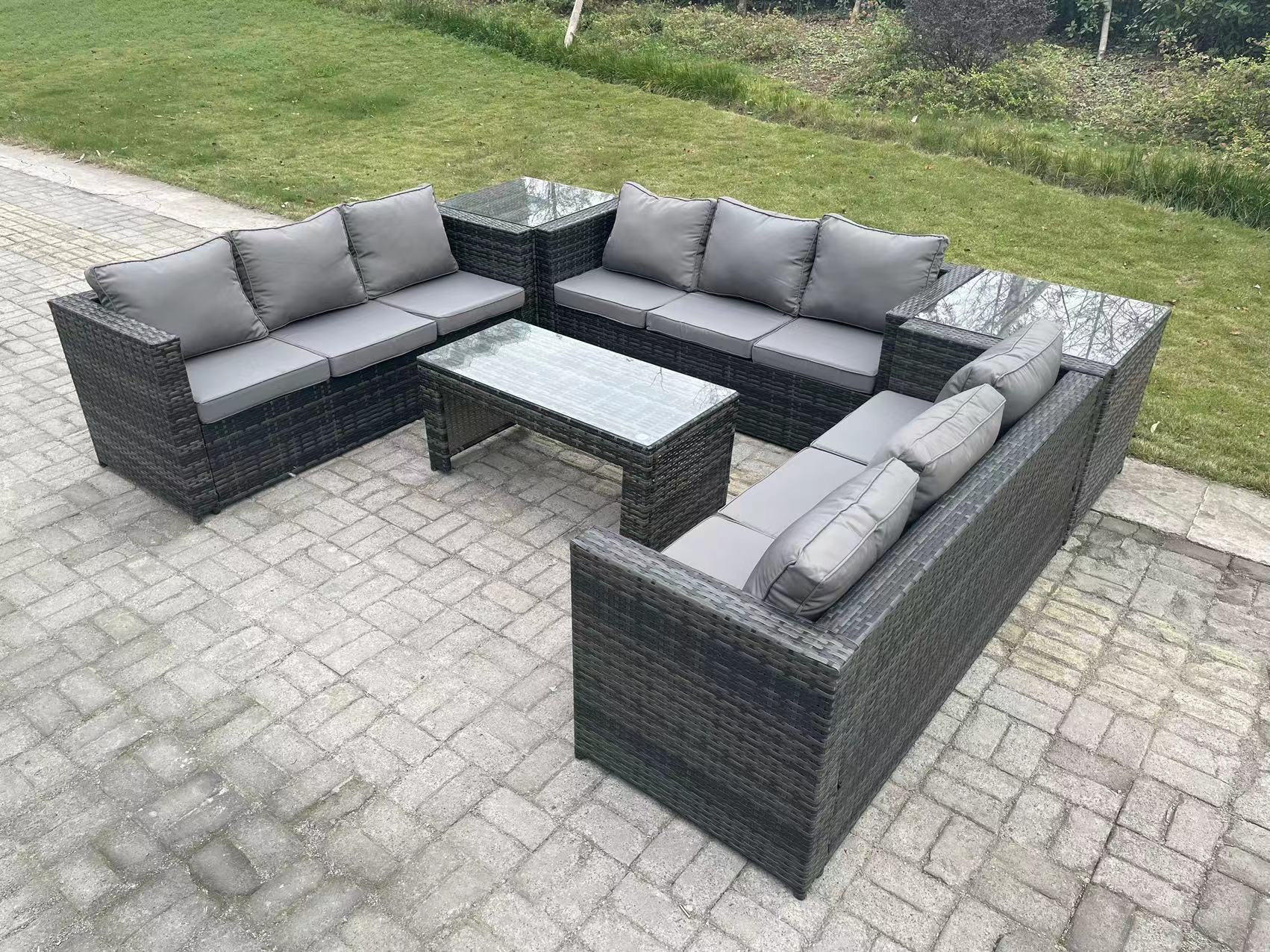 LOUNGESOFA Polyrattan 9-Sitzer - Dunkelgrau/Grau, Glas/Kunststoff - Fimous