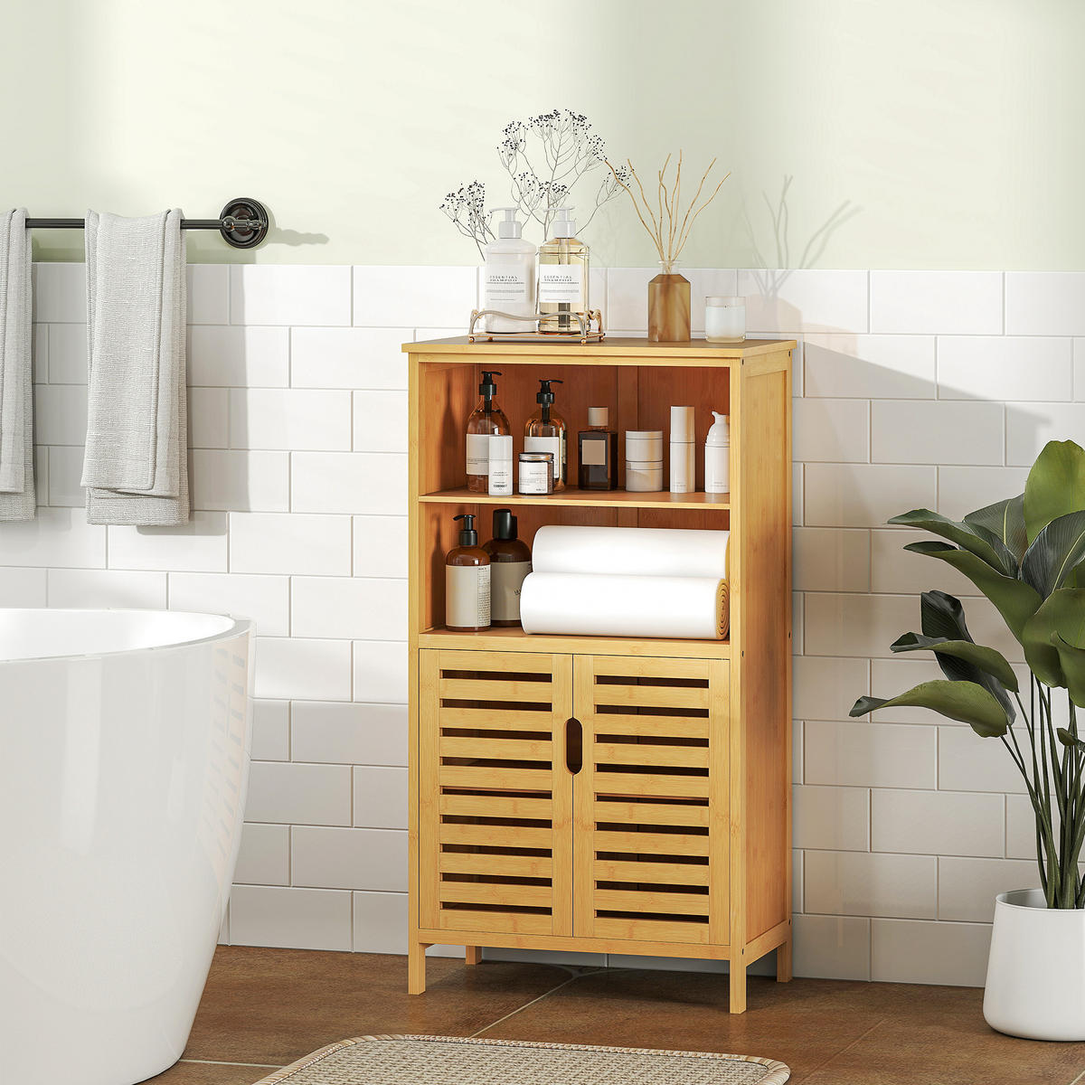 BADEZIMMERSCHRANK, Unterschrank aus Bambus, Badschrank mit Türen, Naturholz - Naturfarben, Holz (29/92/50cm) - Kleankin