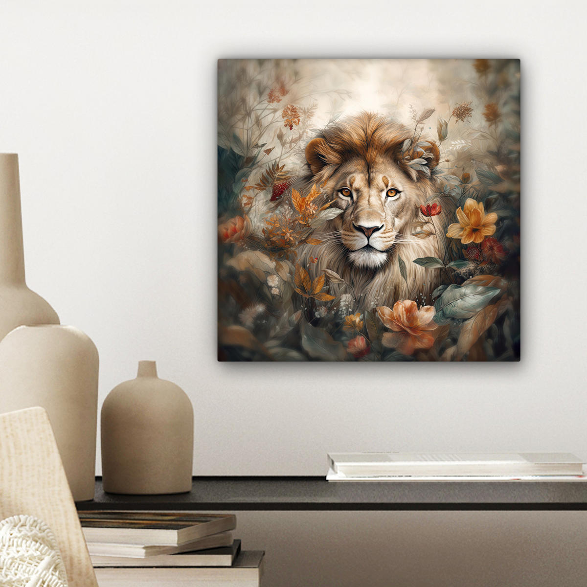 LEINWANDBILD Löwe - Wildtiere - Pflanzen - Natur - Blumen Deko Wohnzimmer 20x20 cm - Beige, Textil (20/20cm) - MuchoWow