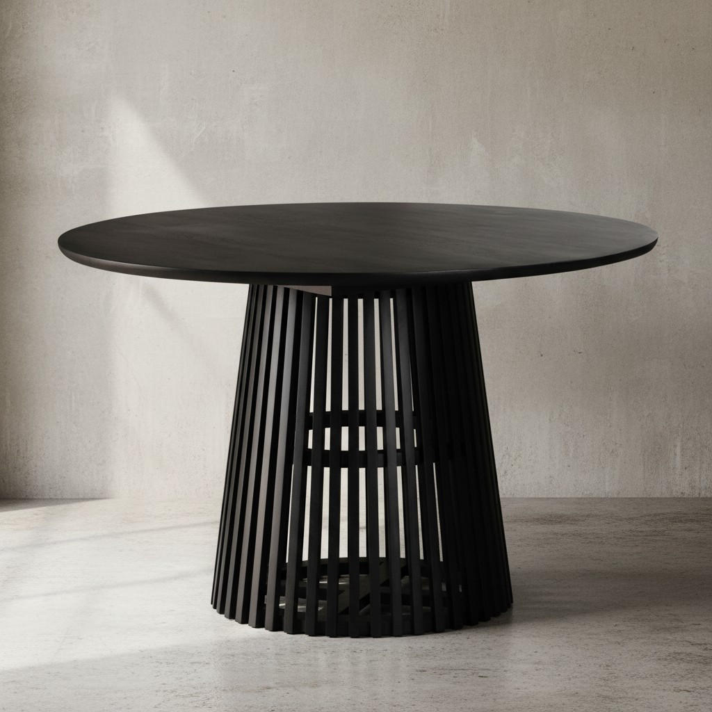 ESSTISCH – Rund Mango Massivholz Lamellengestell Matt-Schwarz handgefertigt - Schwarz, Mangoholz/Holz (120/120/77cm) - KADIMA DESIGN