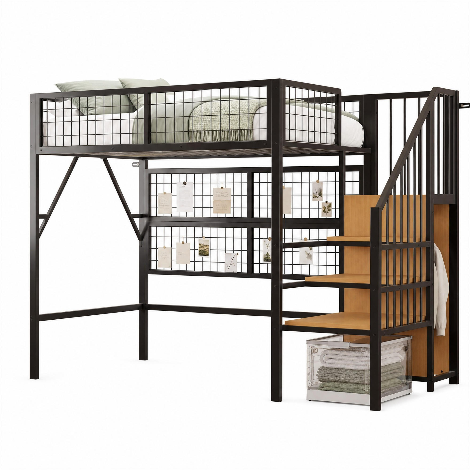 HOCHBETT mit Stauraum und LED 90x200 cm Metall Schwarz - Schwarz, Metall (90/200cm) - Meubliv