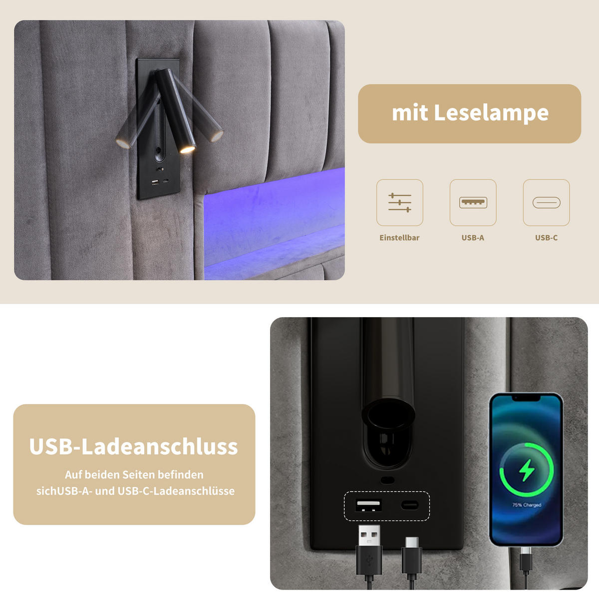 ČALÚNENÁ posteľ 180/200 cm zamat sivá, s LED osvetlením, USB a úložným priestorom - sivá, textil (180/200cm) - BEAOK