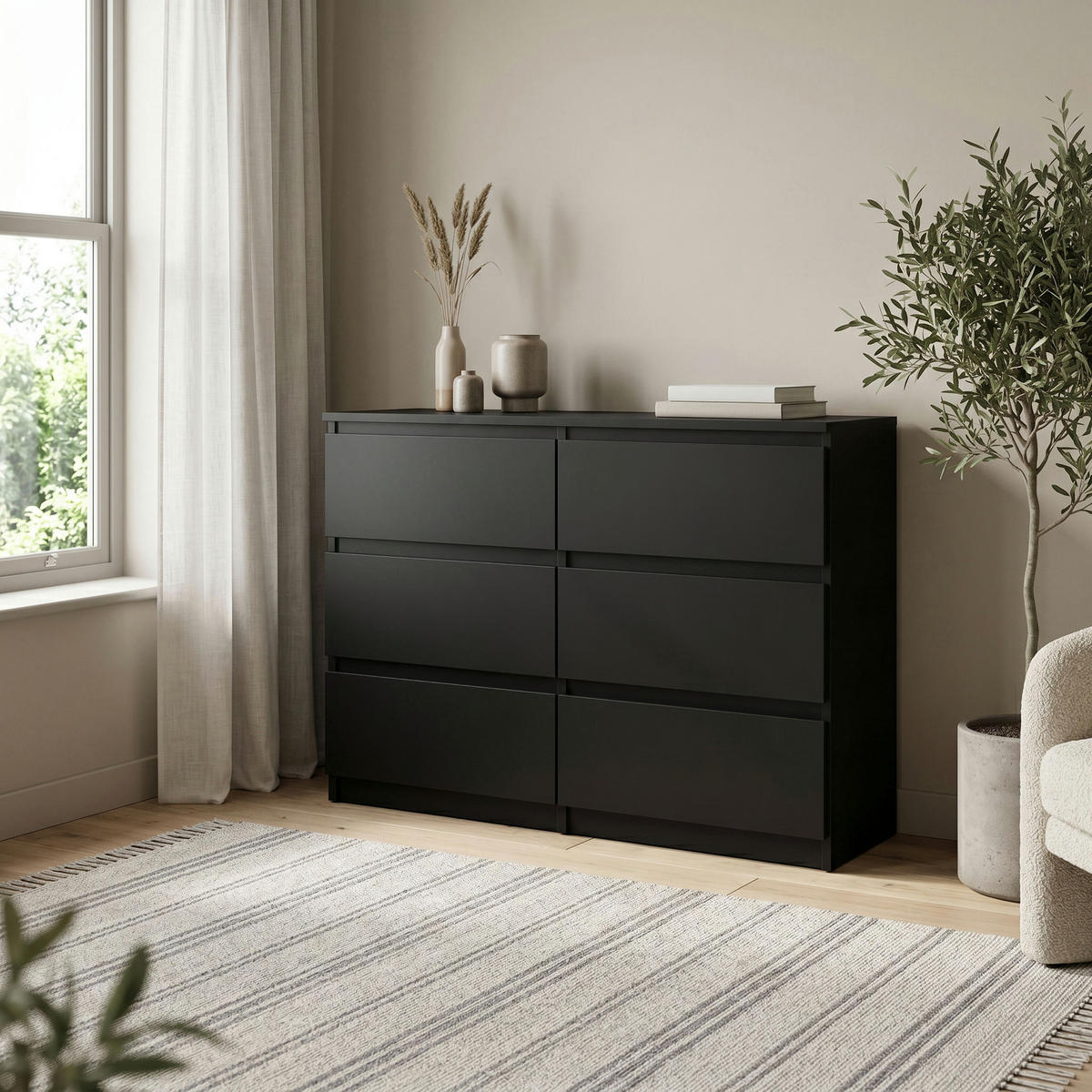 KOMMODE NUDO 120/78,5/39cm mit 6 Schubladen Türen Schwarz - Schwarz, Holzwerkstoff (120/78.5/39cm) - MASSENO