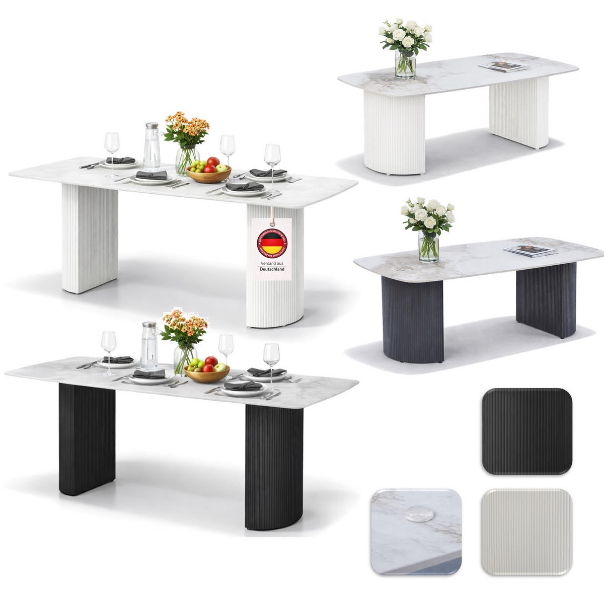 ESSTISCH Keramik Marmor-Optik geriffeltes Säulengestell Weiß 180 × 90 cm - Weiß, Keramik/Metall (90/180/75cm) - HOOZ